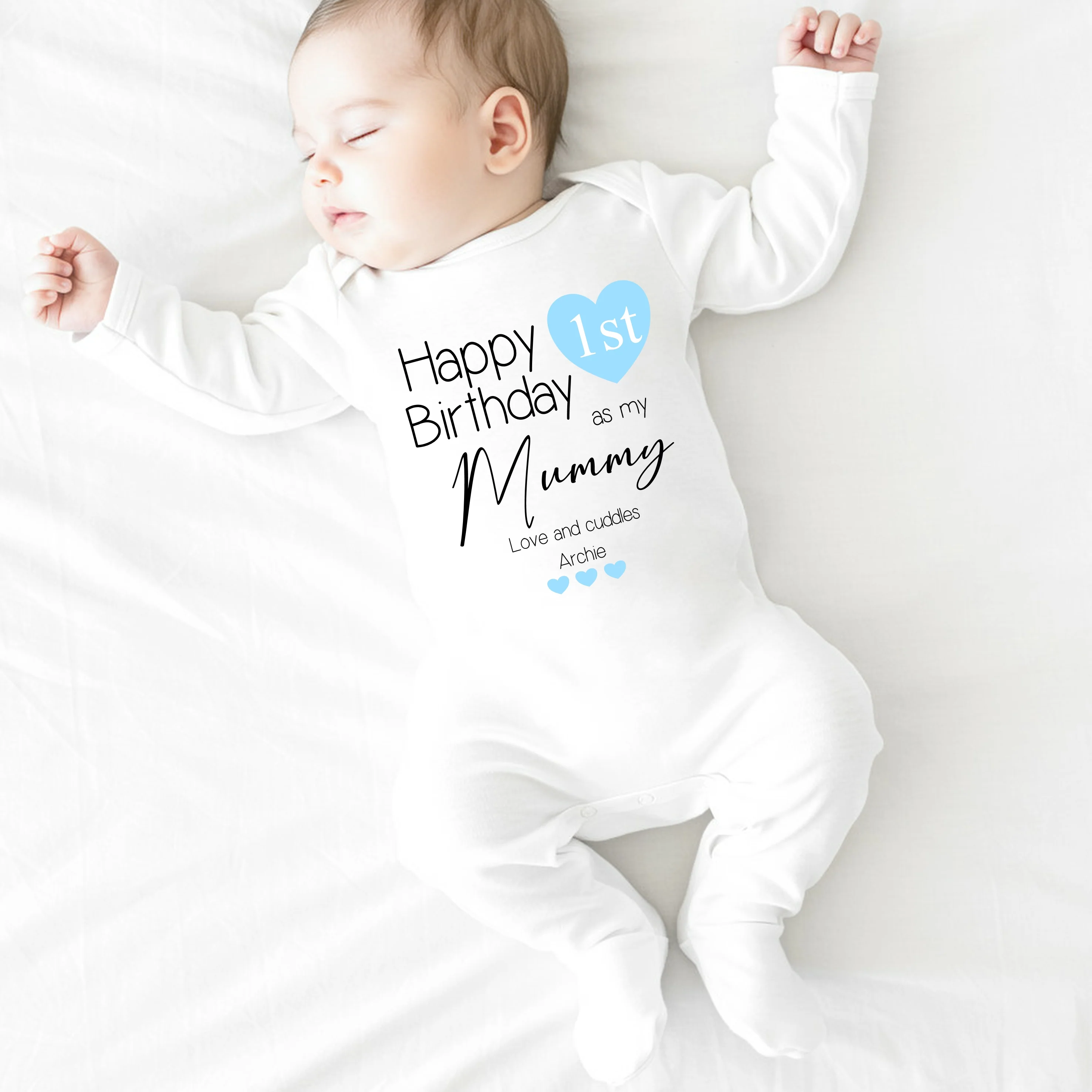 Personalised Blue Heart Happy 1st Birthday As My Mummy Baby Grow or Vest - Image 3