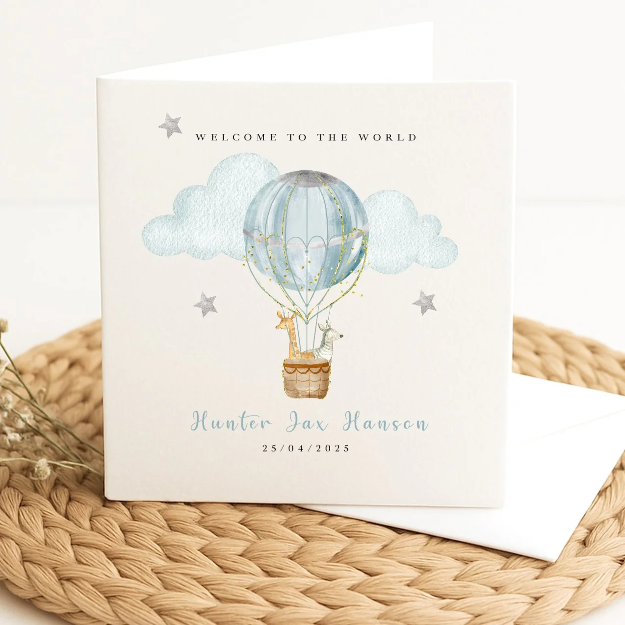 Personalised Blue Hotair Balloon Baby Shower Card