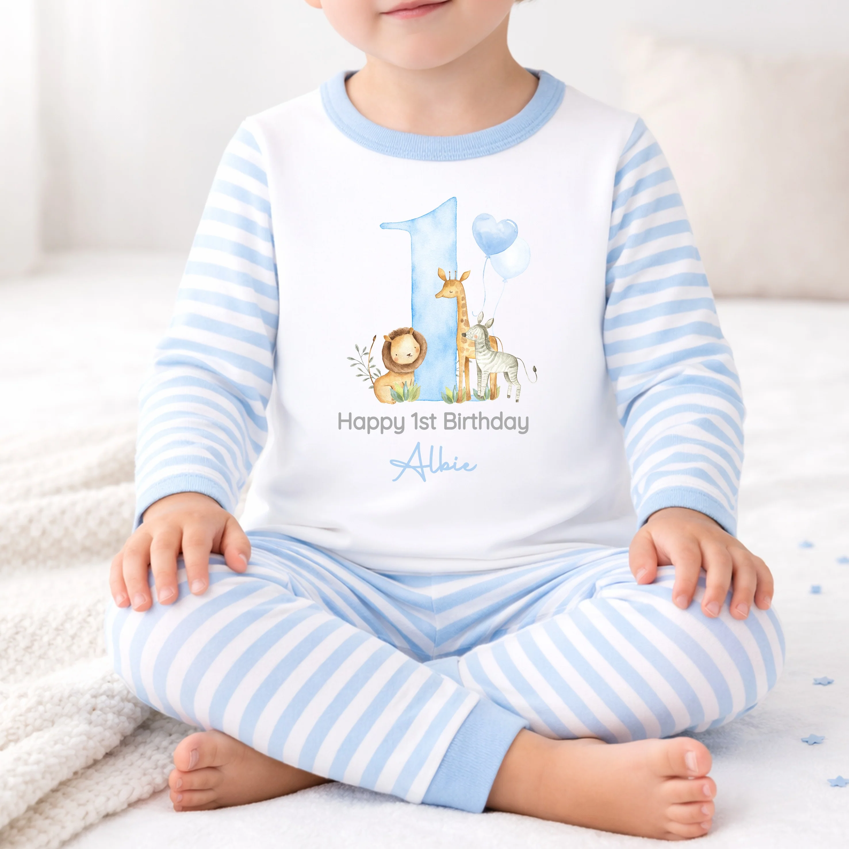 Personalised Blue Jungle Happy First Birthday Pyjamas