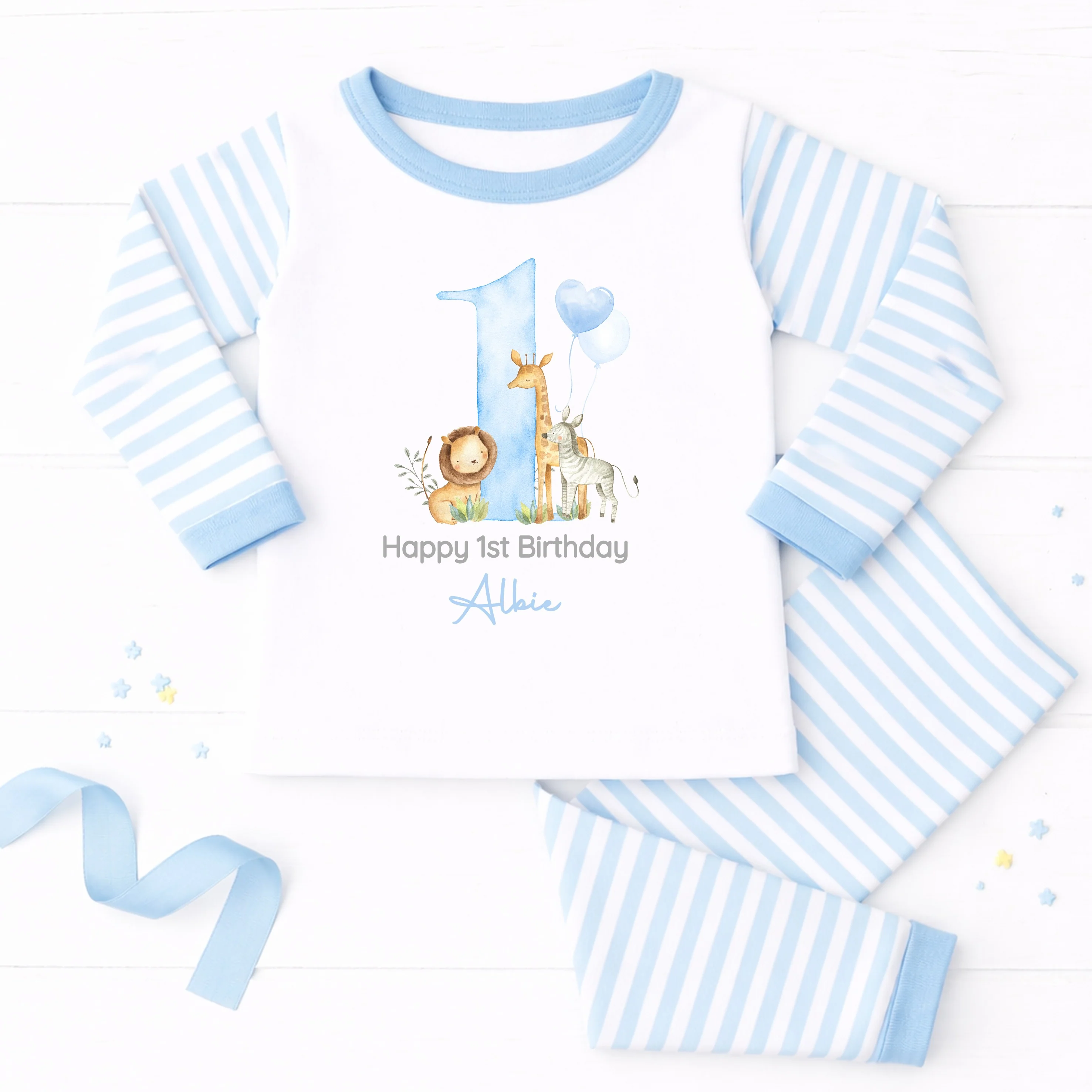 Personalised Blue Jungle Happy First Birthday Pyjamas - Image 2