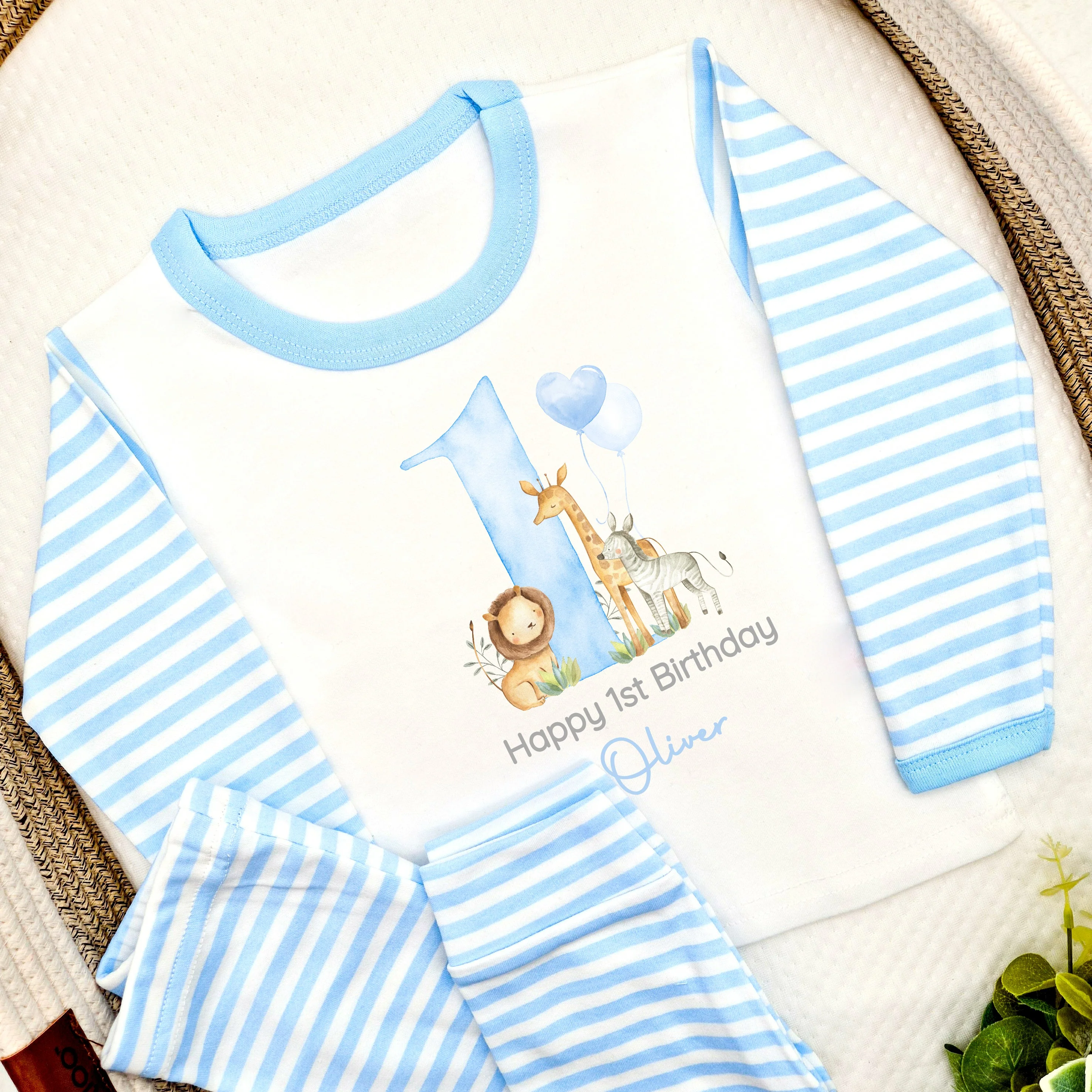Personalised Blue Jungle Happy First Birthday Pyjamas - Image 5