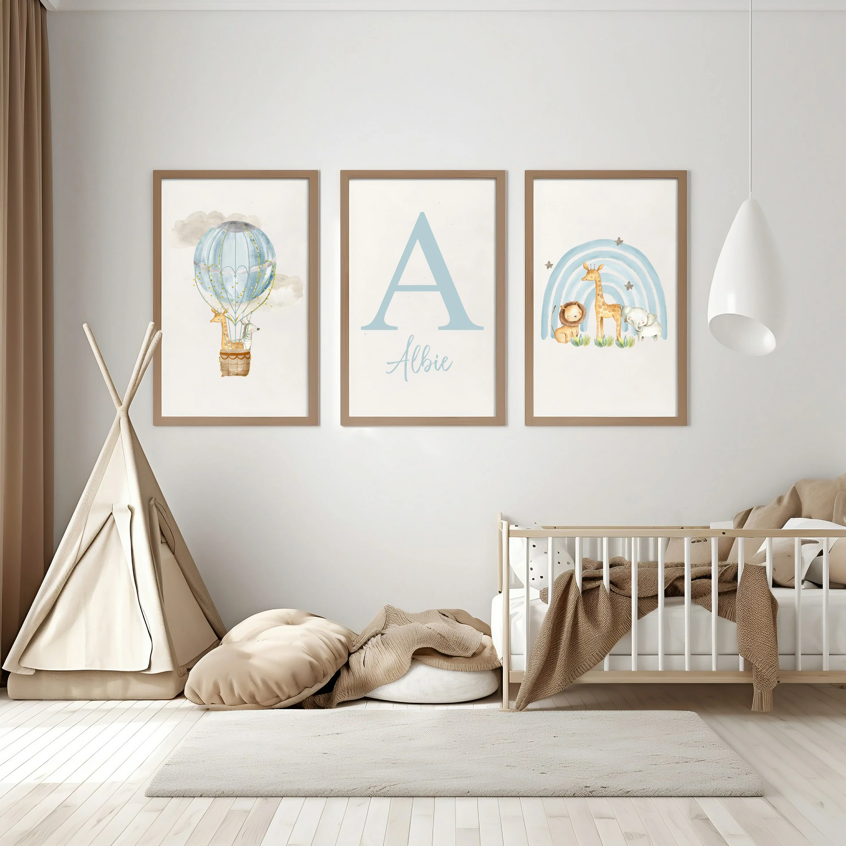 Personalised Blue Jungle Rainbow Set of 3 Wall Art