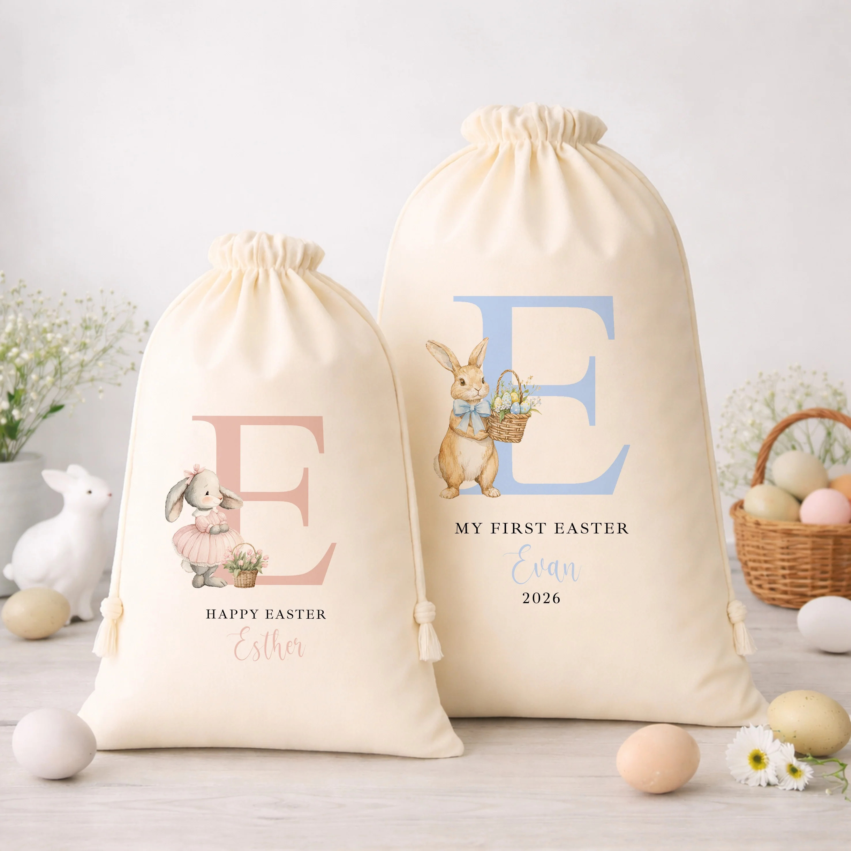 Personalised Blue or Pink Bunny Initial Easter Treat Bag - Image 2