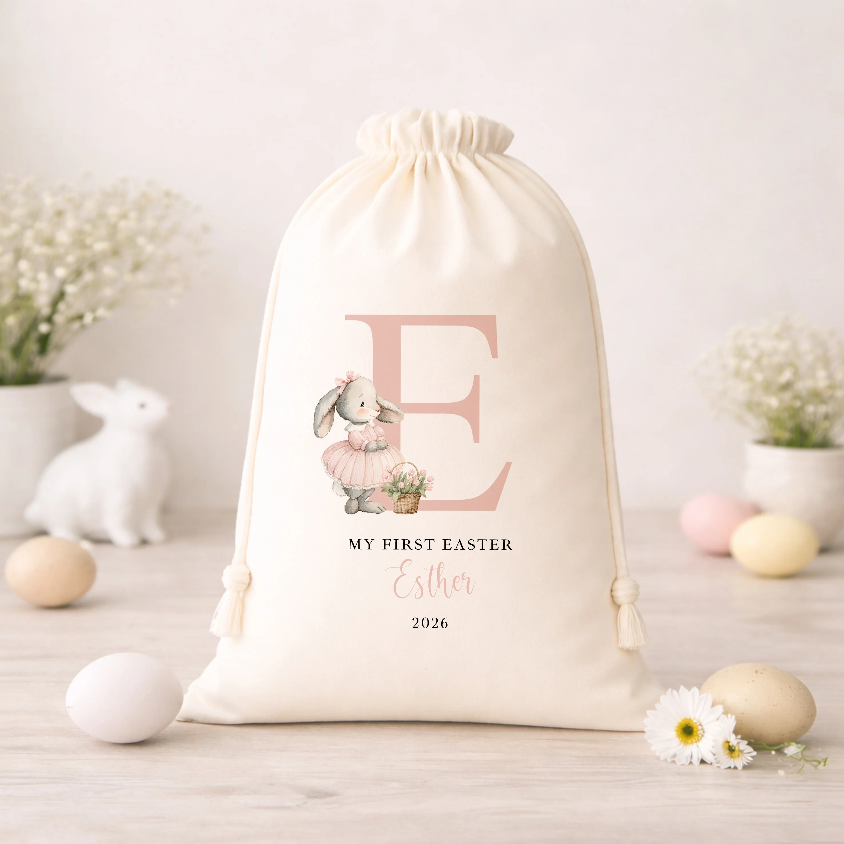 Personalised Blue or Pink Bunny Initial Easter Treat Bag - Image 4