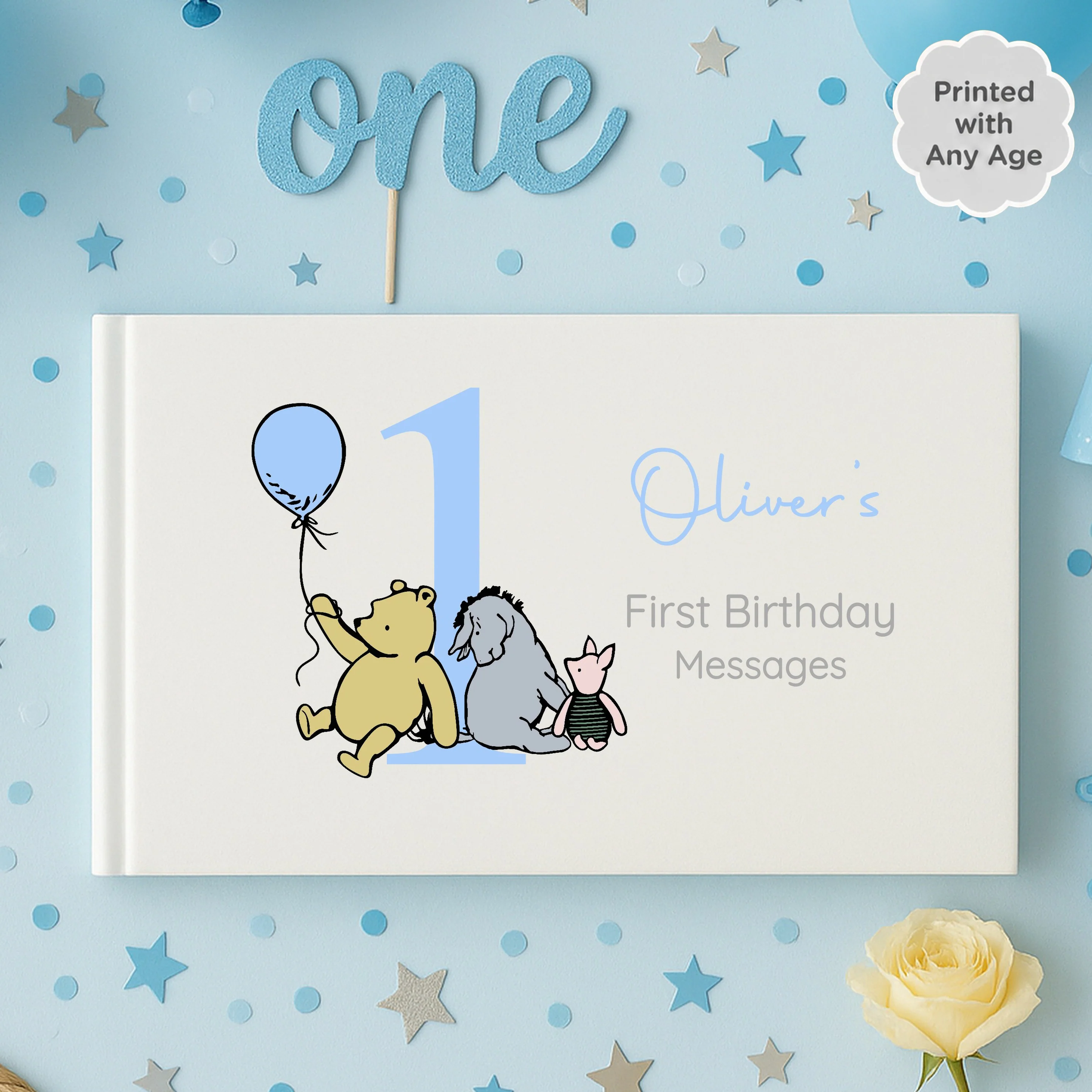 Personalised Blue Pooh Bear Any Age Birthday Party Guest Book - Image 3
