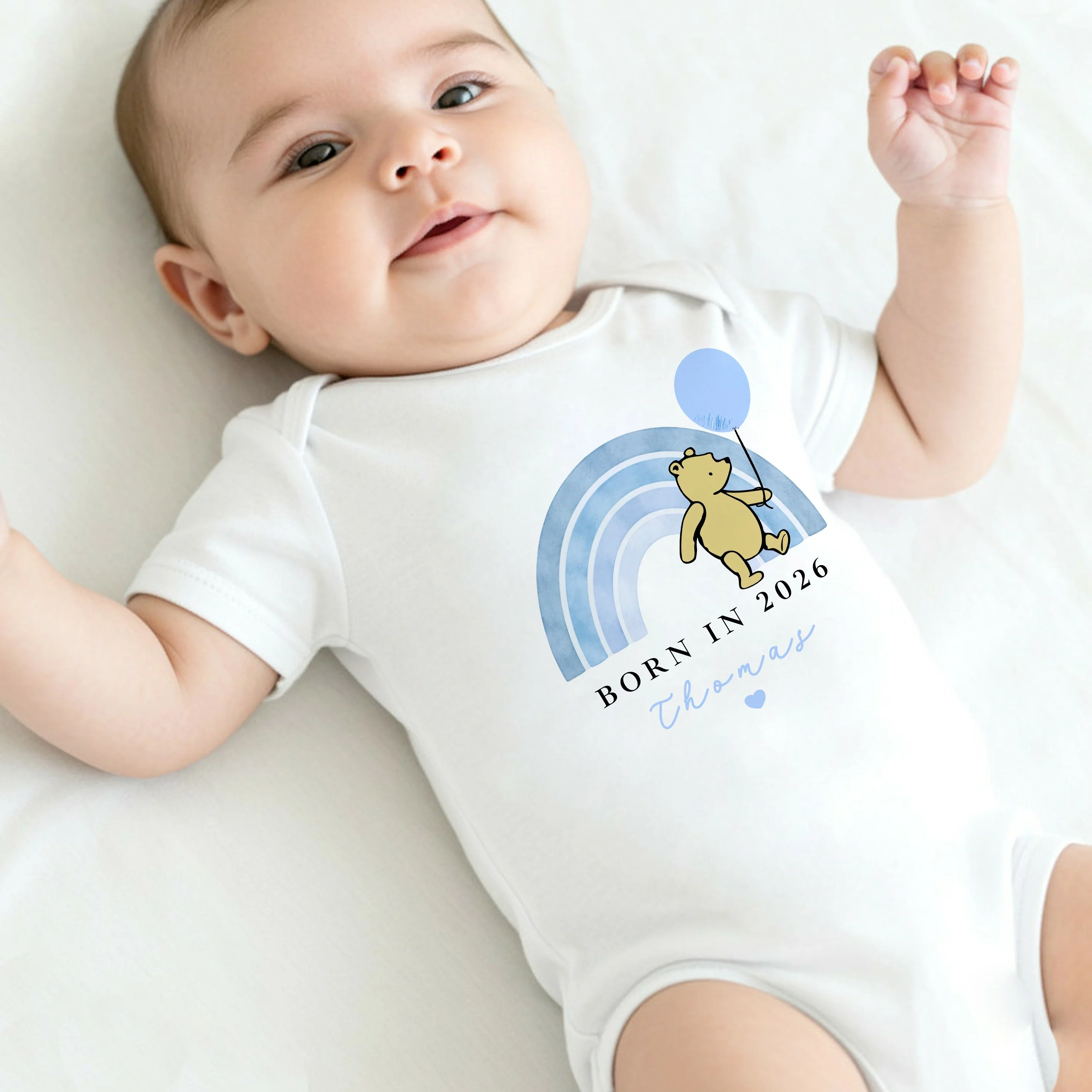 Personalised Blue Pooh Born in 2026 Baby Grow, Vest or Bib - Image 3