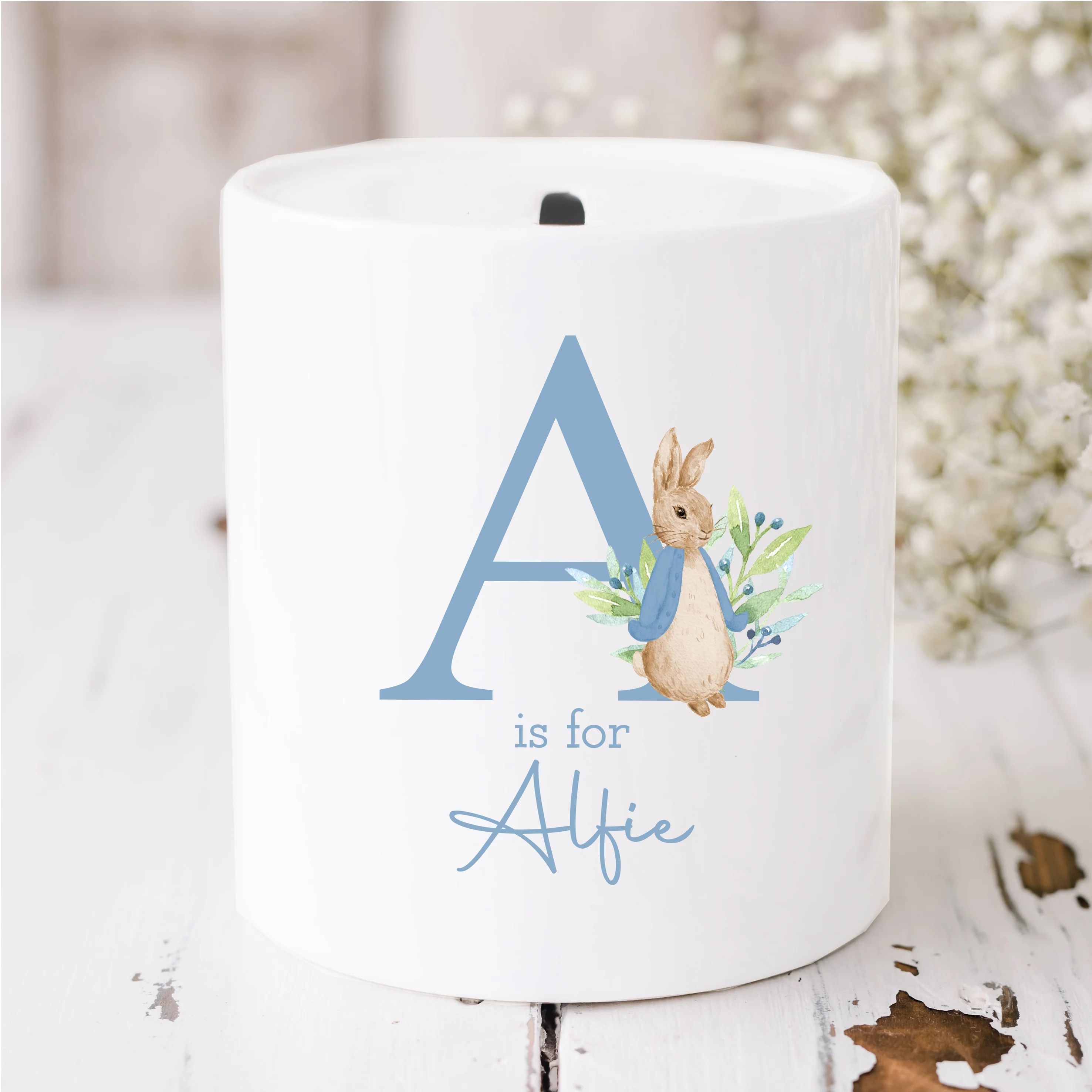 Personalised Blue Rabbit Ceramic Money Box - Image 2