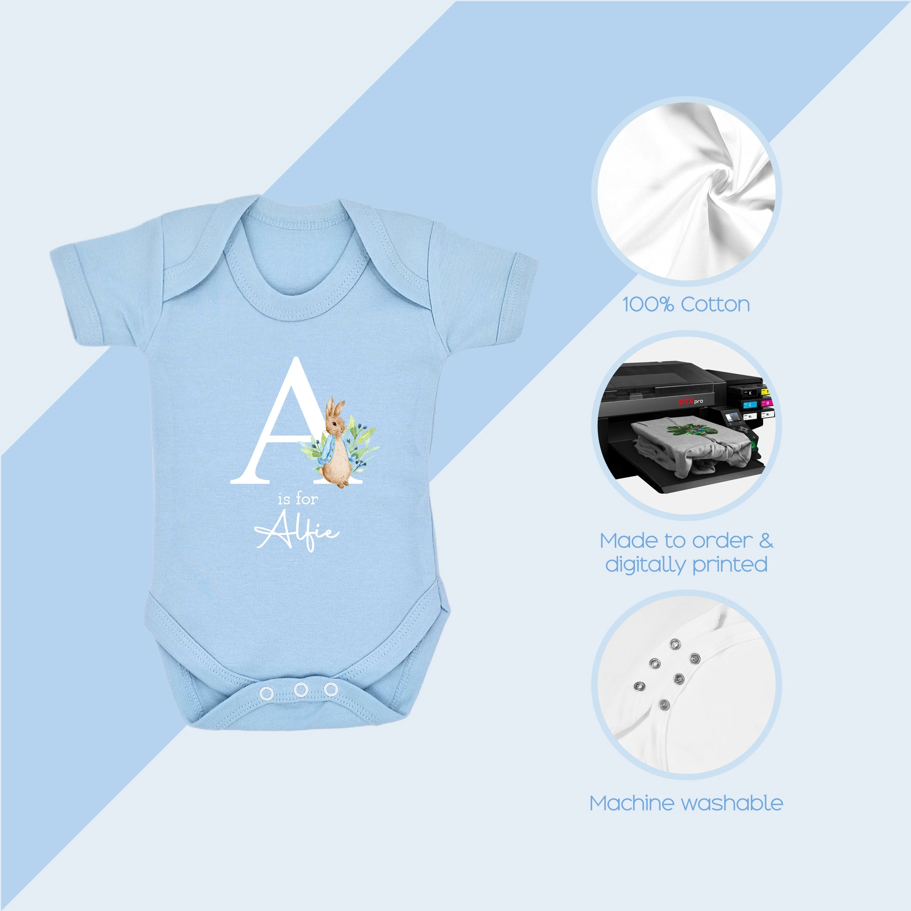 Personalised Blue Rabbit Initial Babygrow/Romper - Image 5