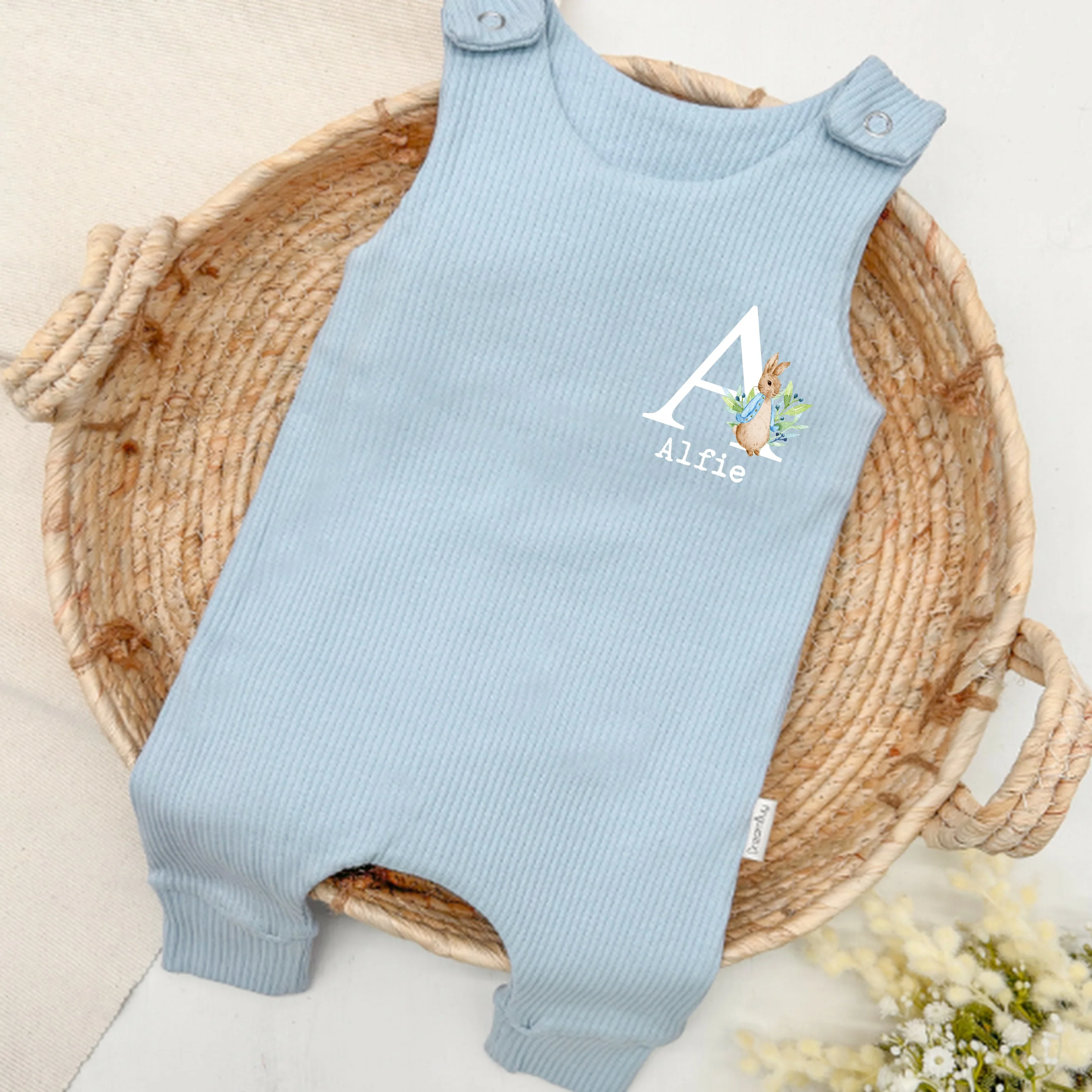 Personalised Blue Rabbit Initial Baby Ribbed Dungarees
