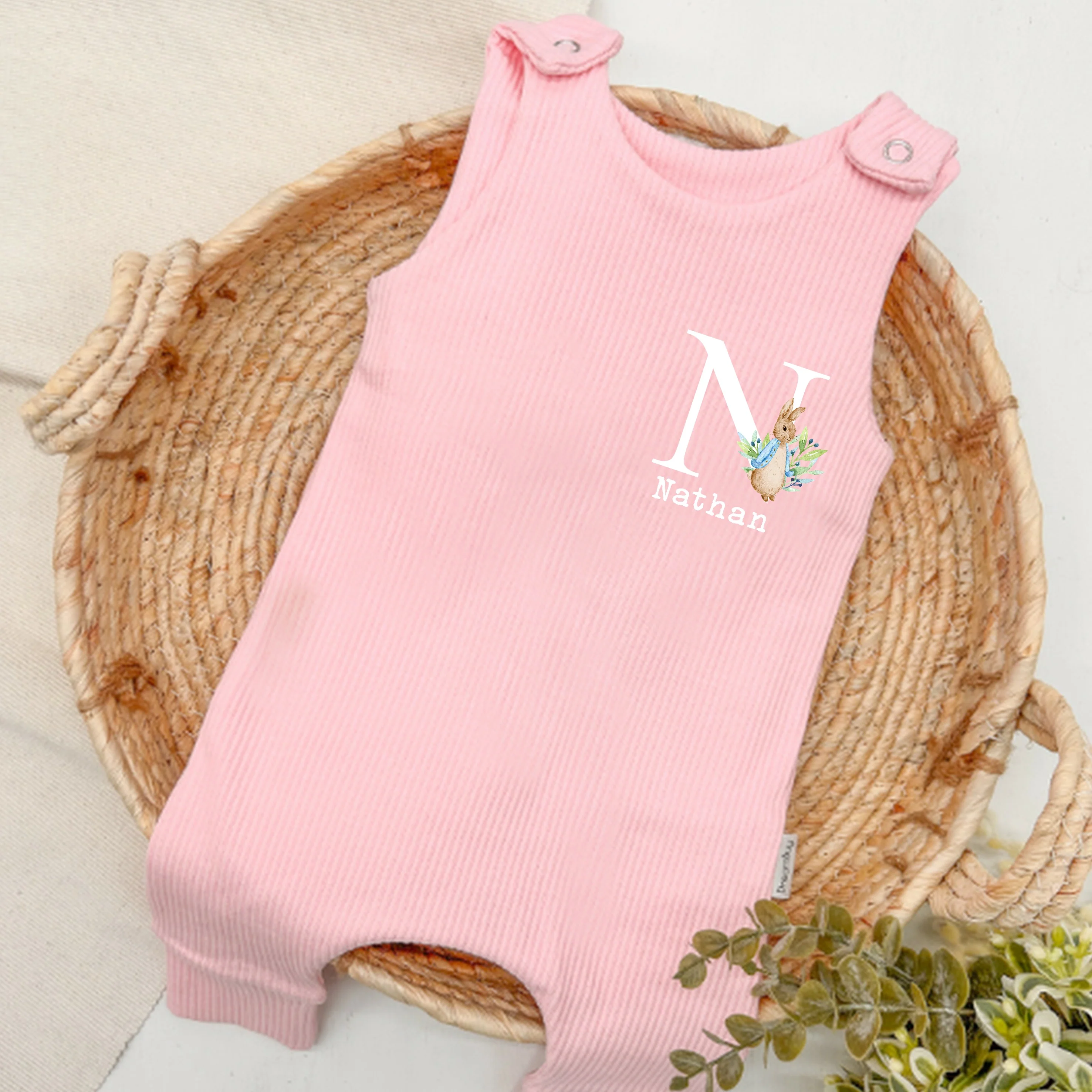 Personalised Blue Rabbit Initial Baby Ribbed Dungarees - Image 3