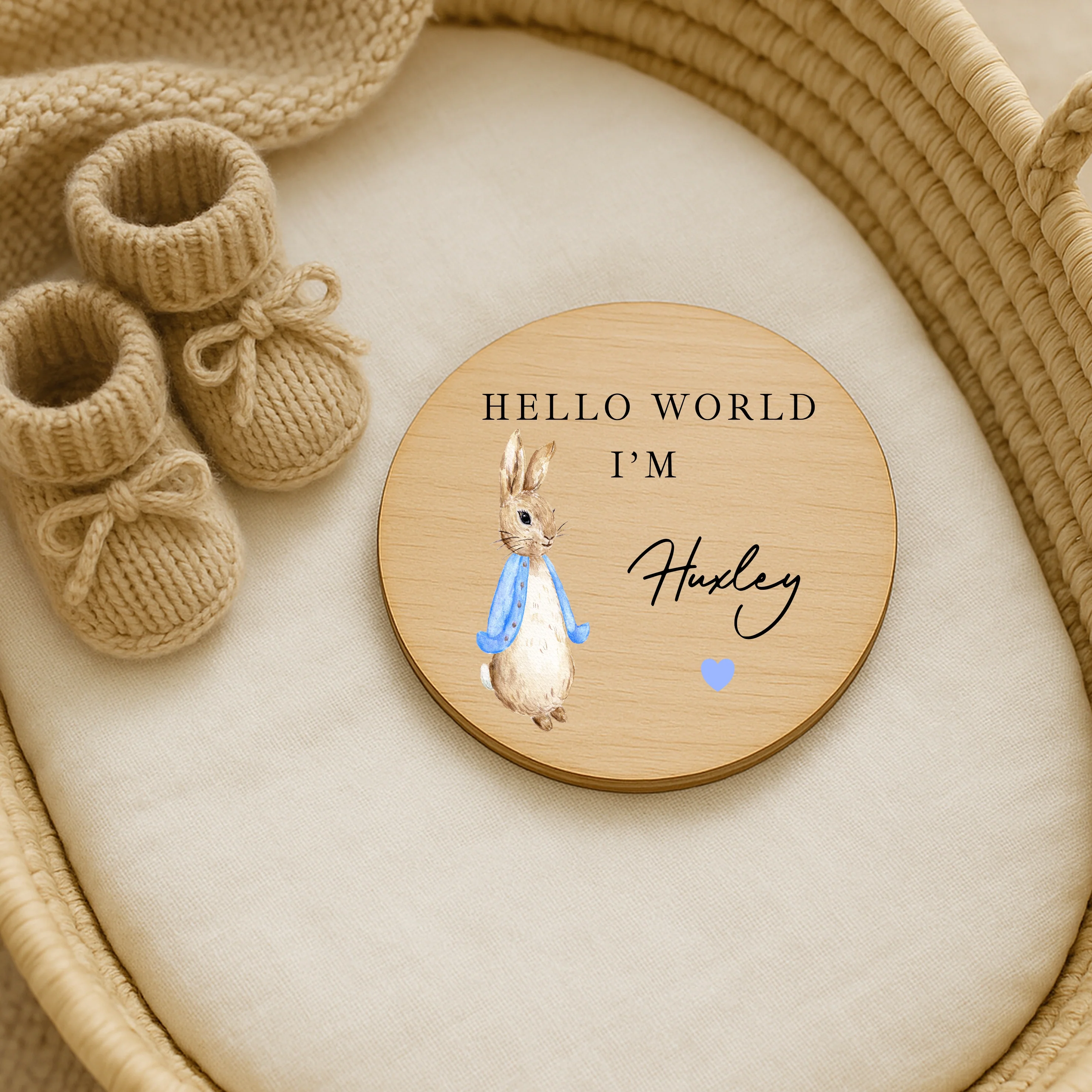 Personalised Blue Rabbit Wooden Announcement Plaque - Image 2