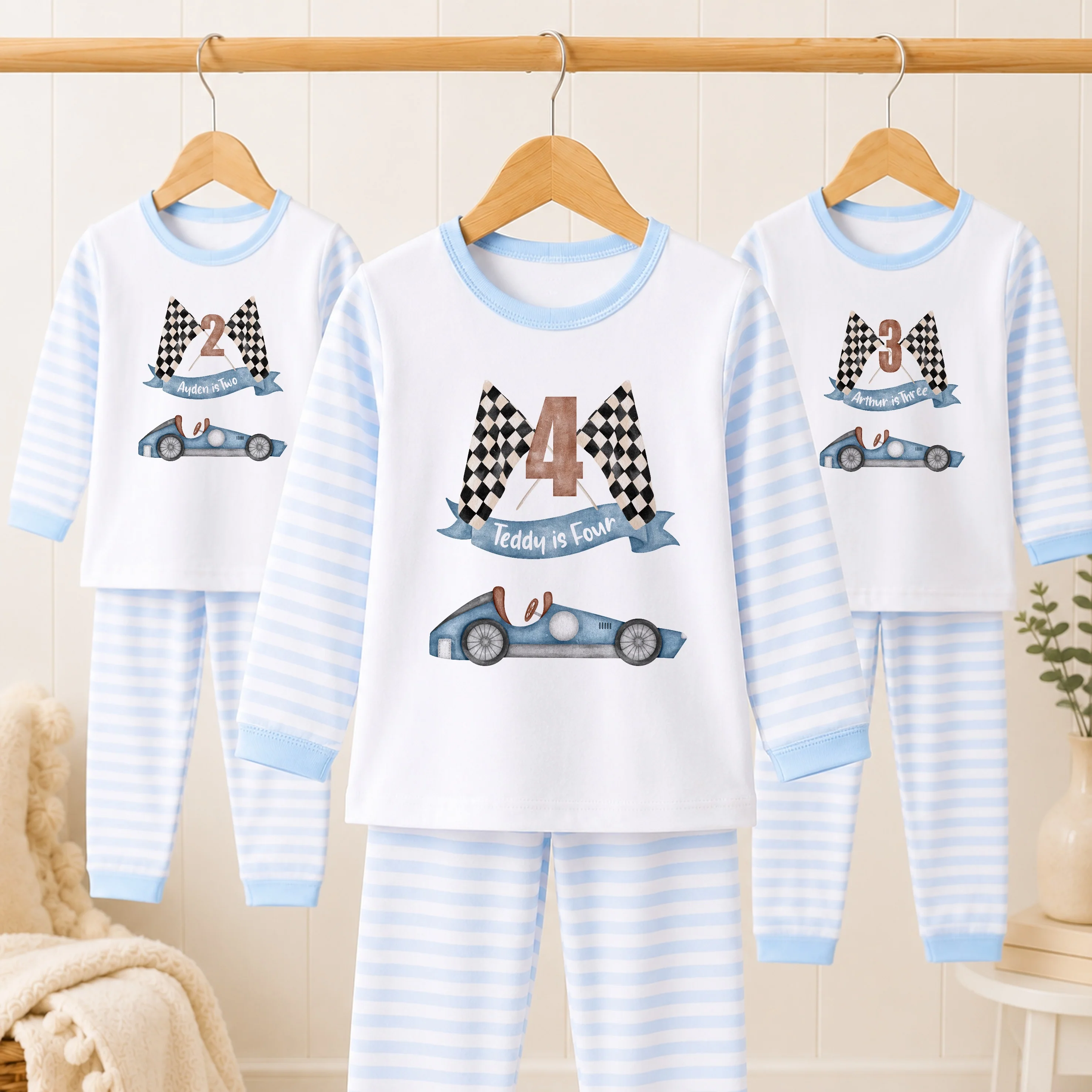 Personalised Blue Racecar Any Age Birthday Pyjamas - Image 2
