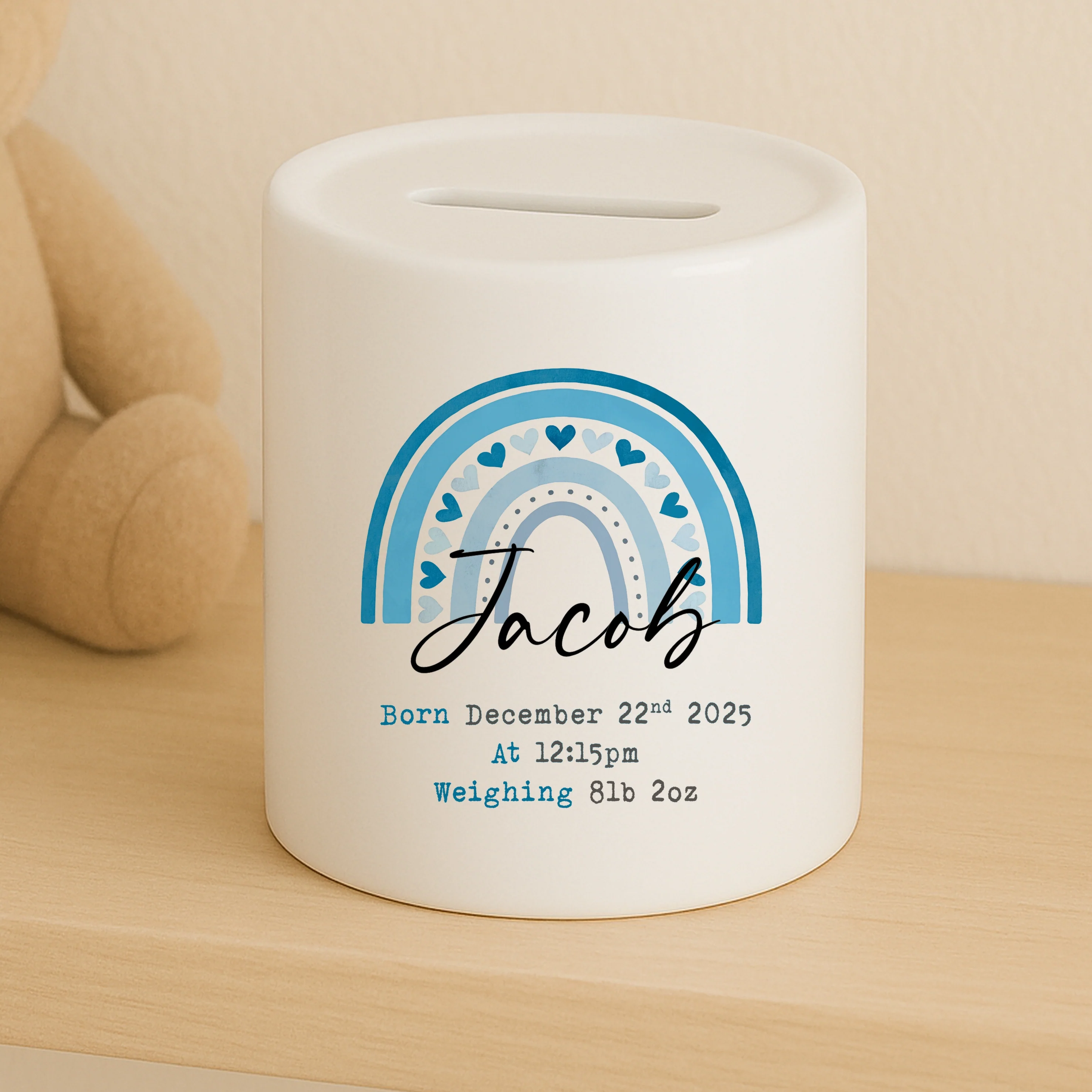 Personalised Blue Rainbow Ceramic Money Box