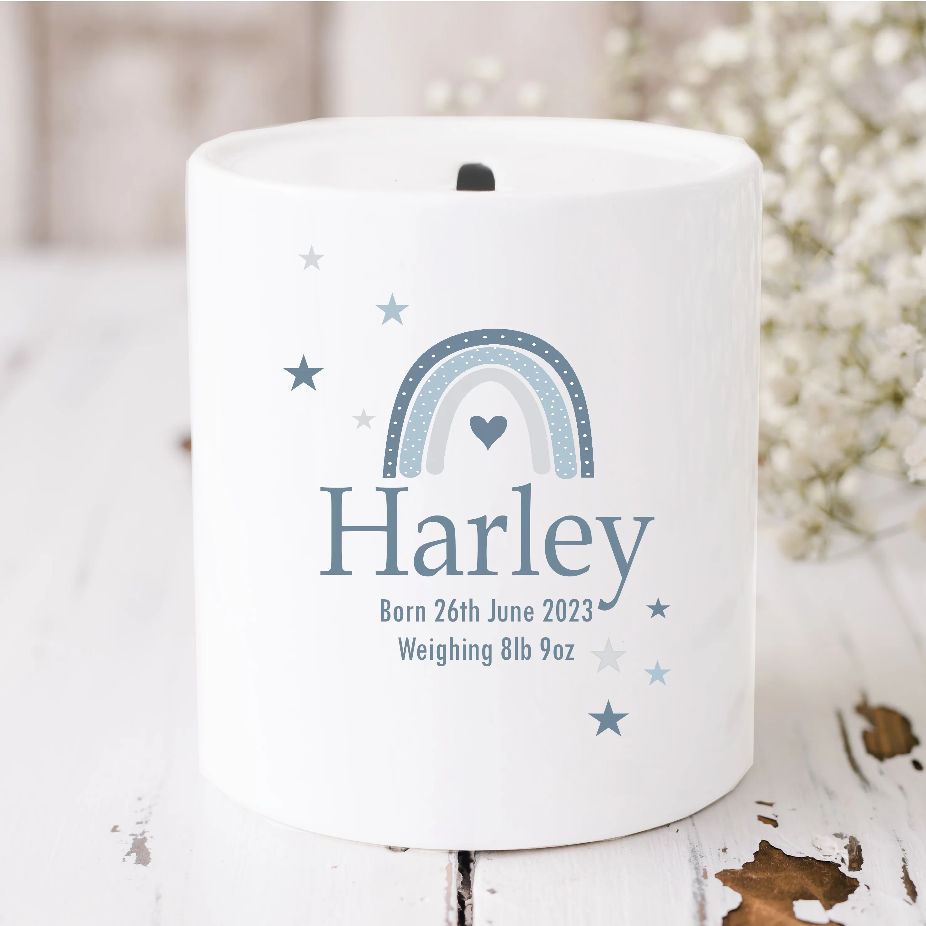 Personalised Blue Rainbow Ceramic Money Box - Image 2