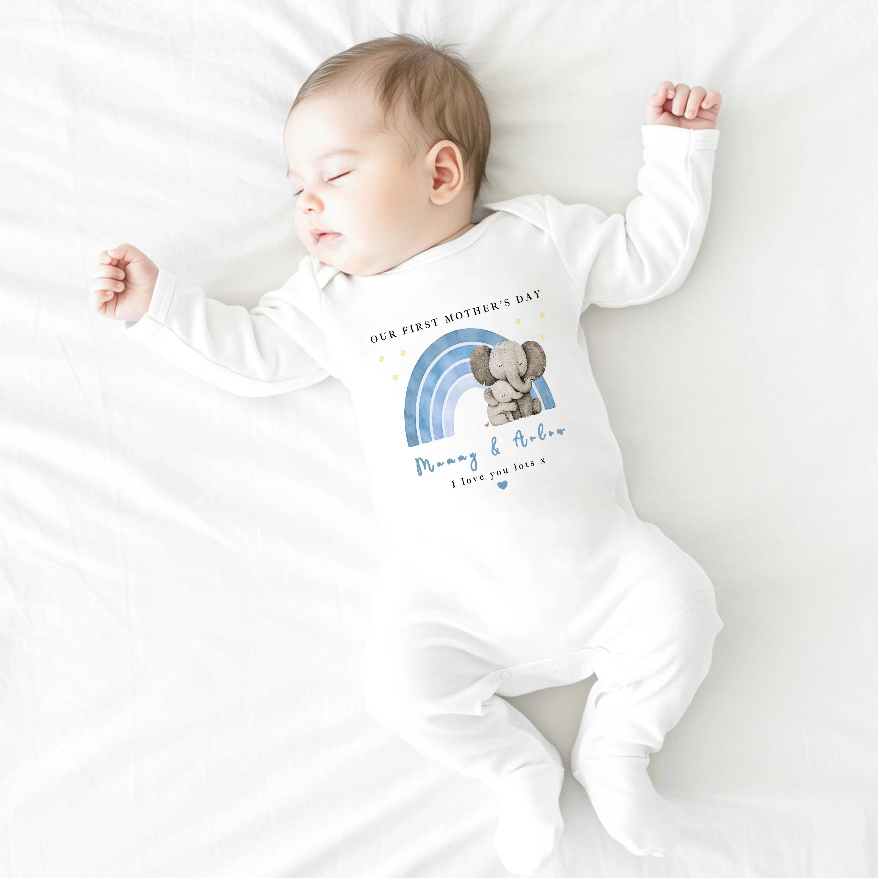 Personalised Blue Rainbow Elephant Our First Mother's Day Baby Grow, Vest or Bib - Image 3