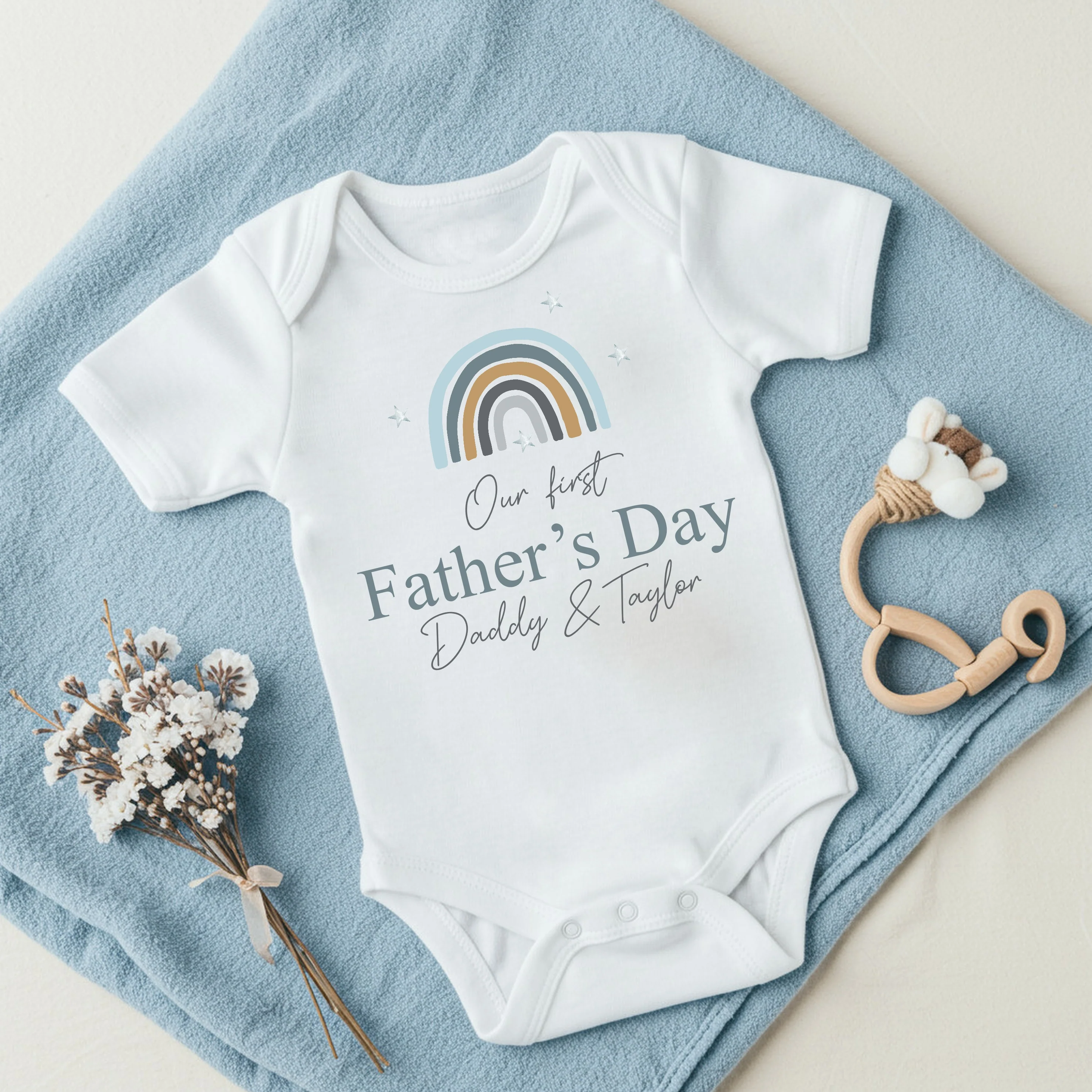 Personalised Blue Rainbow First Father's Day Romper or Baby Grow - Image 2