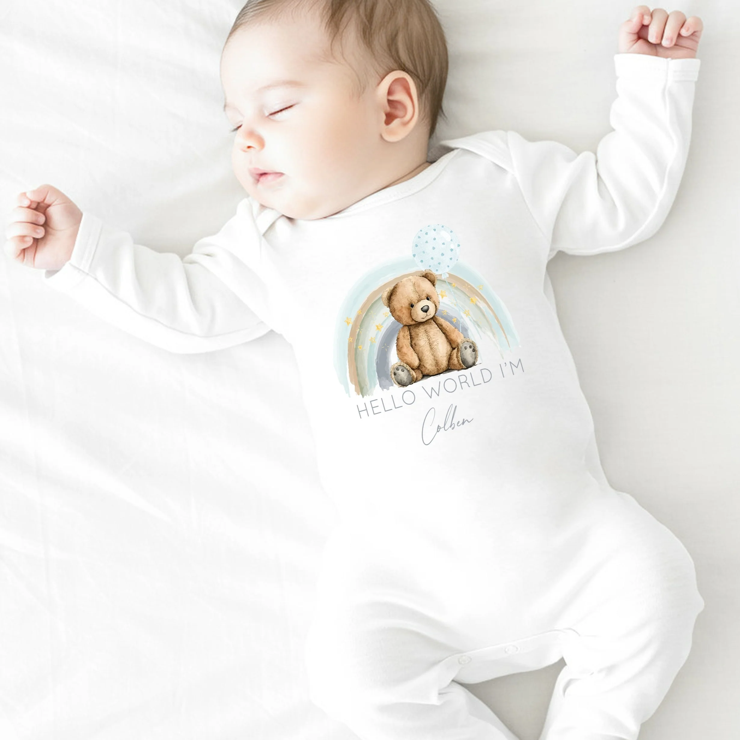 Personalised Blue Rainbow Teddy Hello World Babygrow/Vest - Image 2