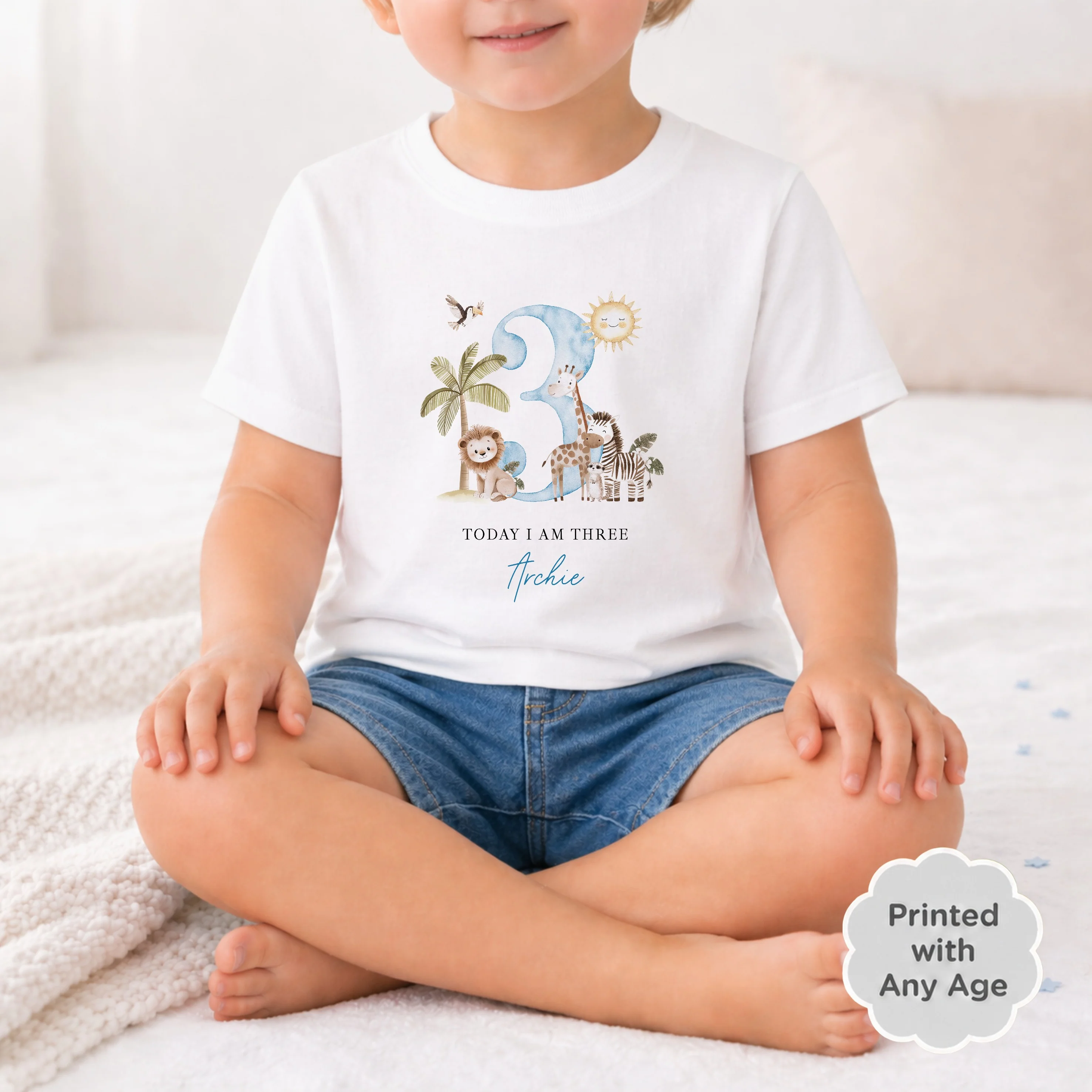 Personalised Blue Safari Any Age Birthday T-Shirt