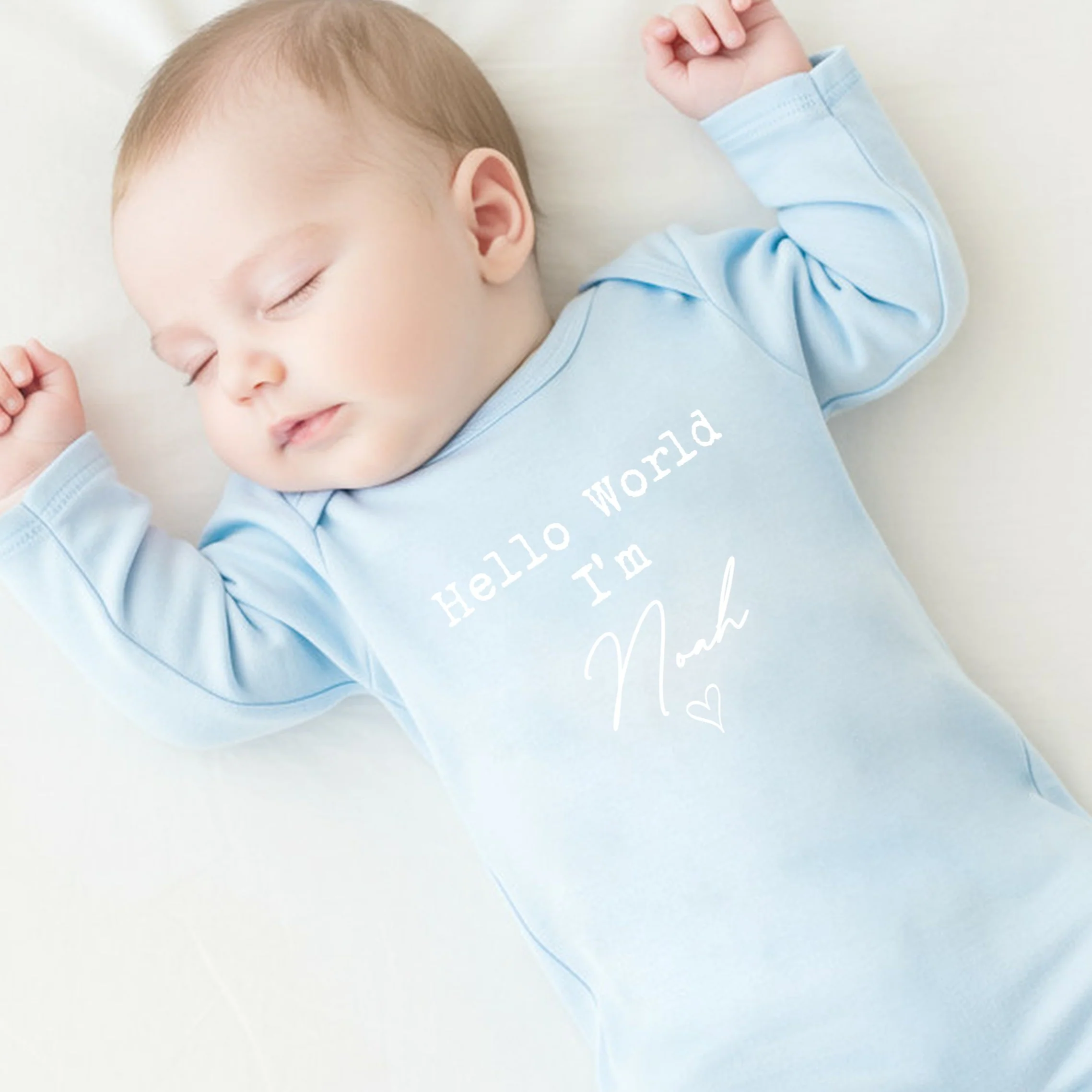Personalised Blue Script Hello World Babygrow With Optional Matching Accessories