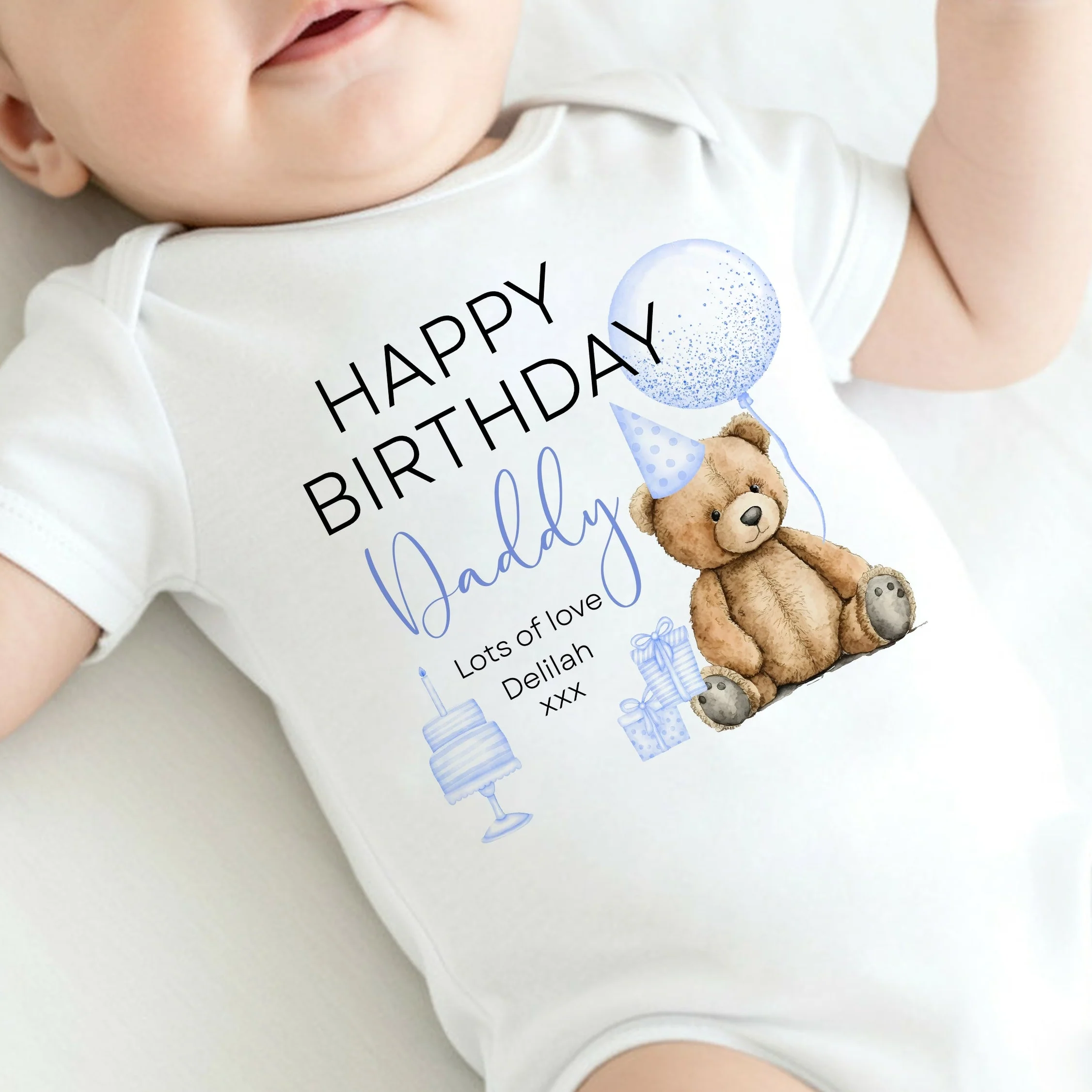 Personalised Blue Teddy Bear Happy Birthday Daddy Baby Grow or Vest - Image 4