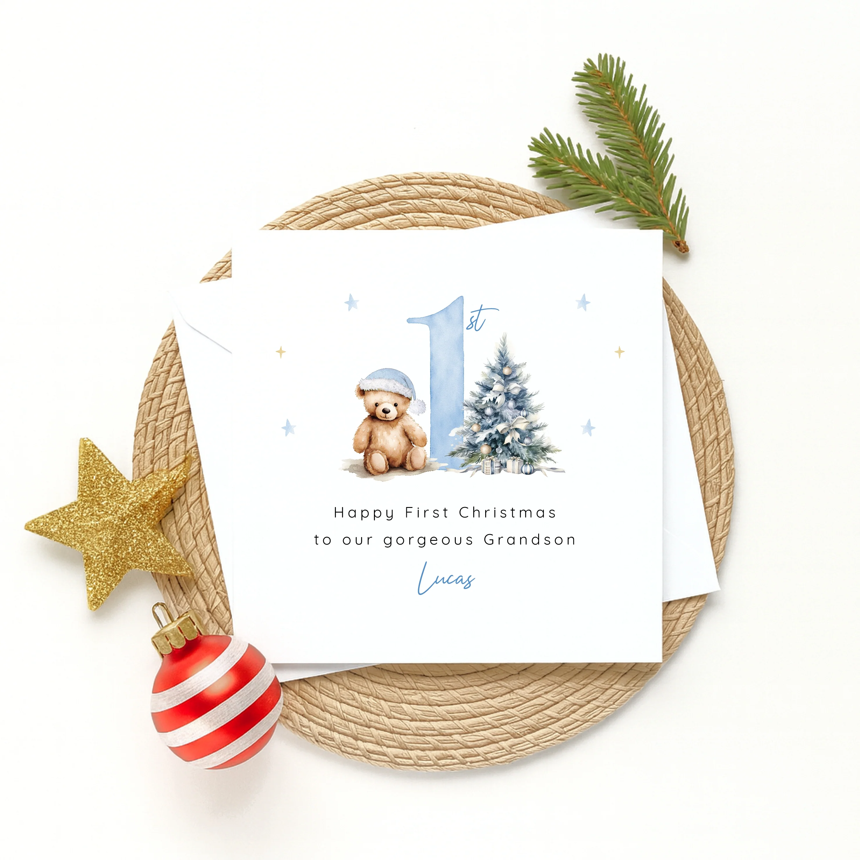 Personalised Blue Teddy Christmas Card