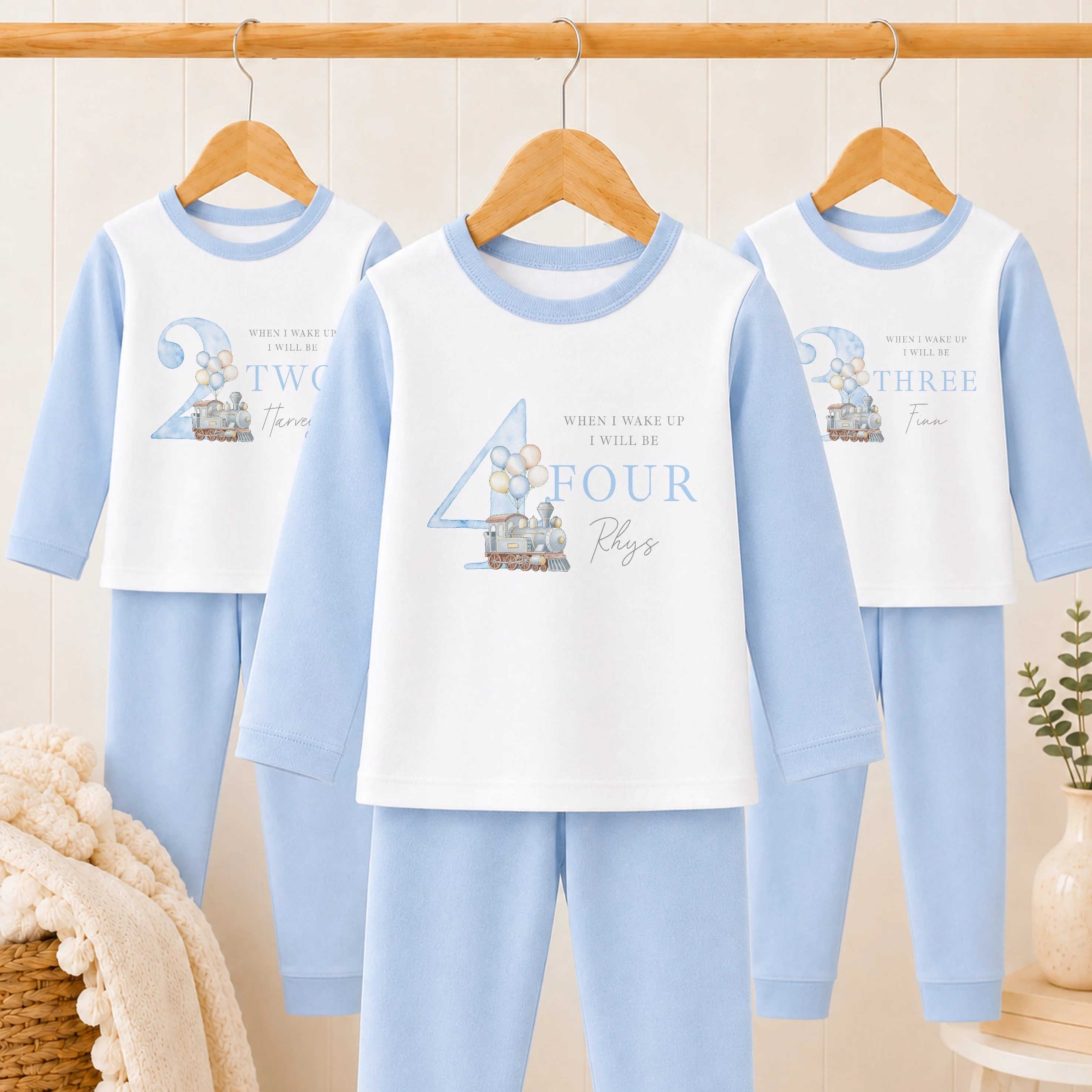 Personalised Blue Train Any Age Birthday Pyjamas - Image 3