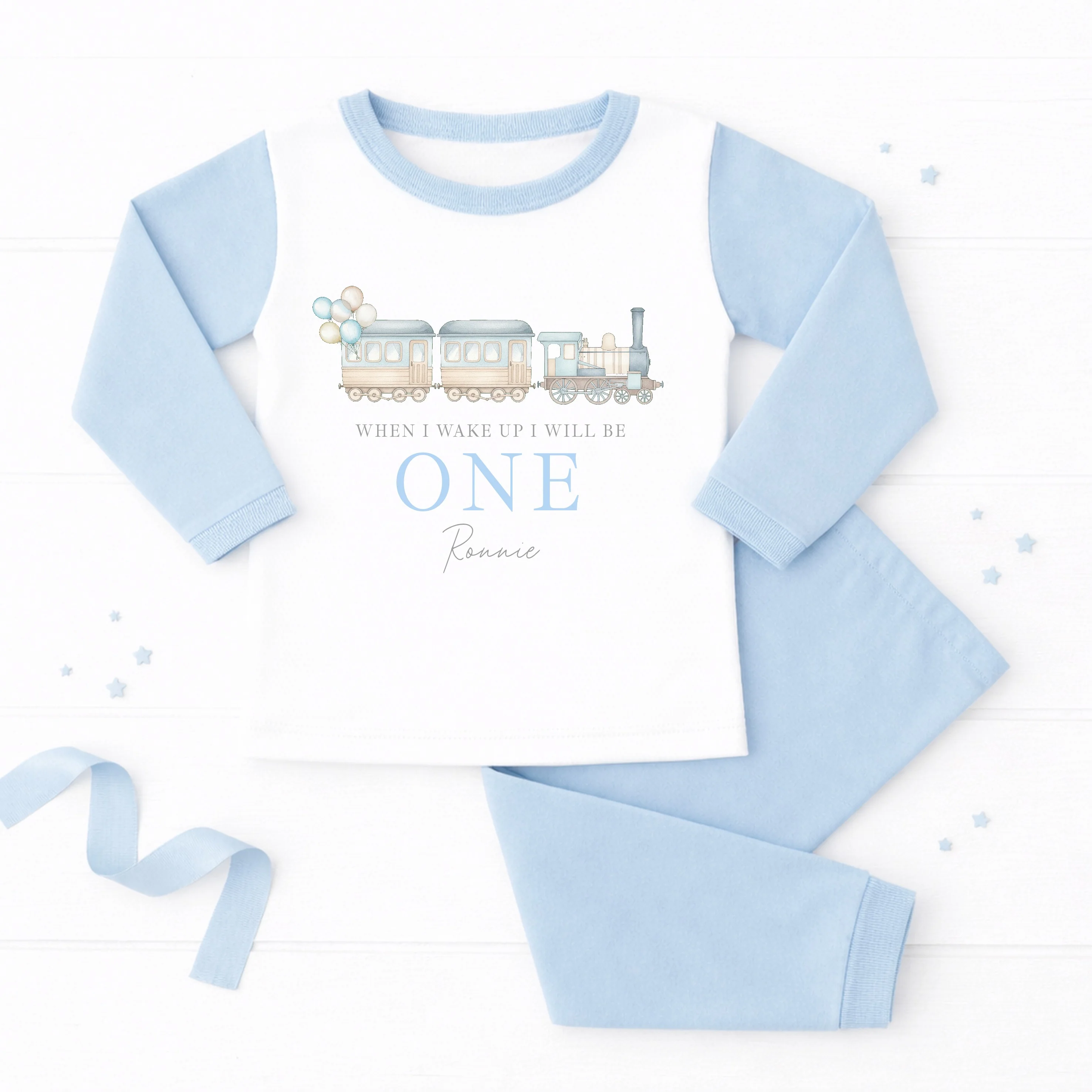Personalised Blue Train First Birthday Pyjamas