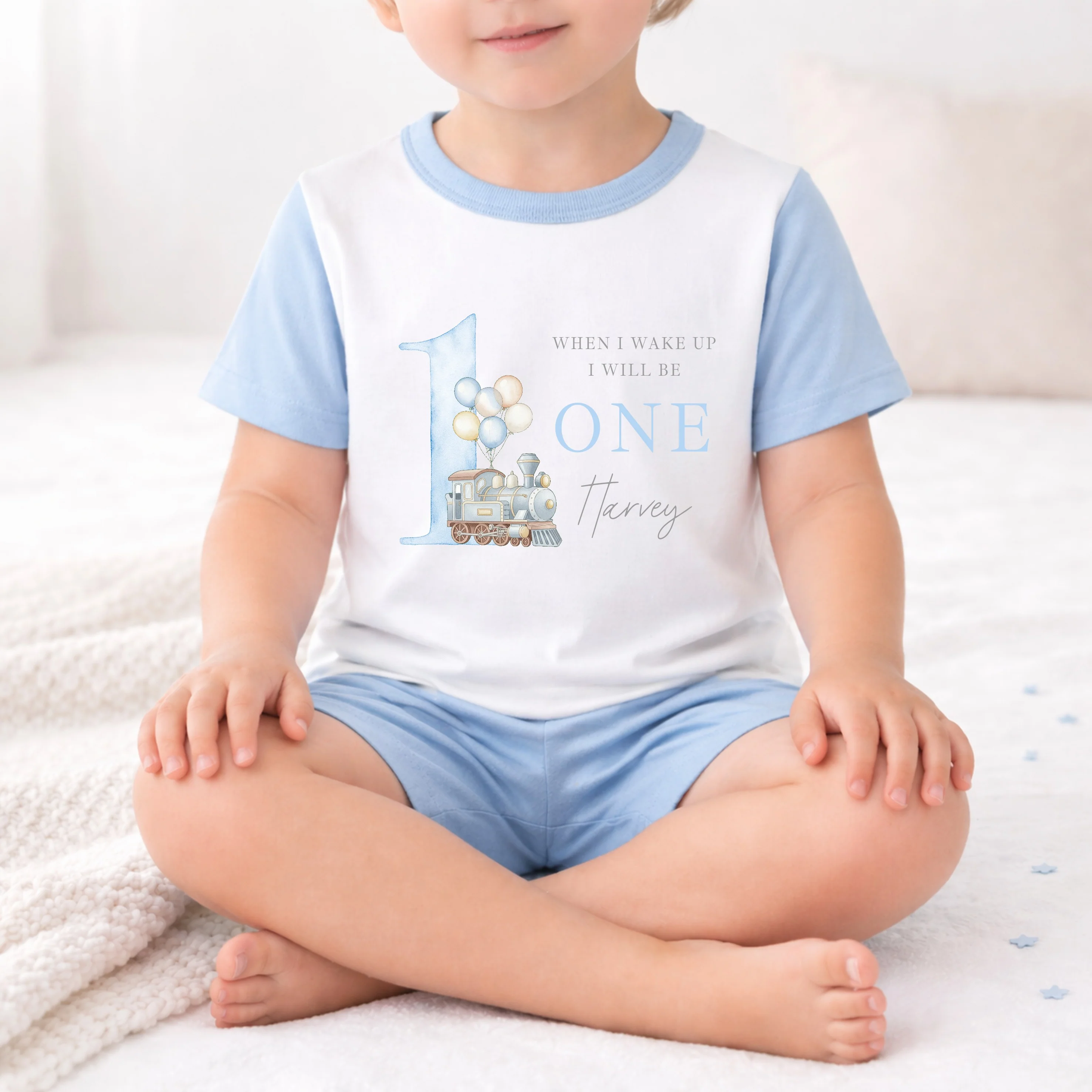 Personalised Blue Train Short Sleeve Birthday Pyjamas - Image 5