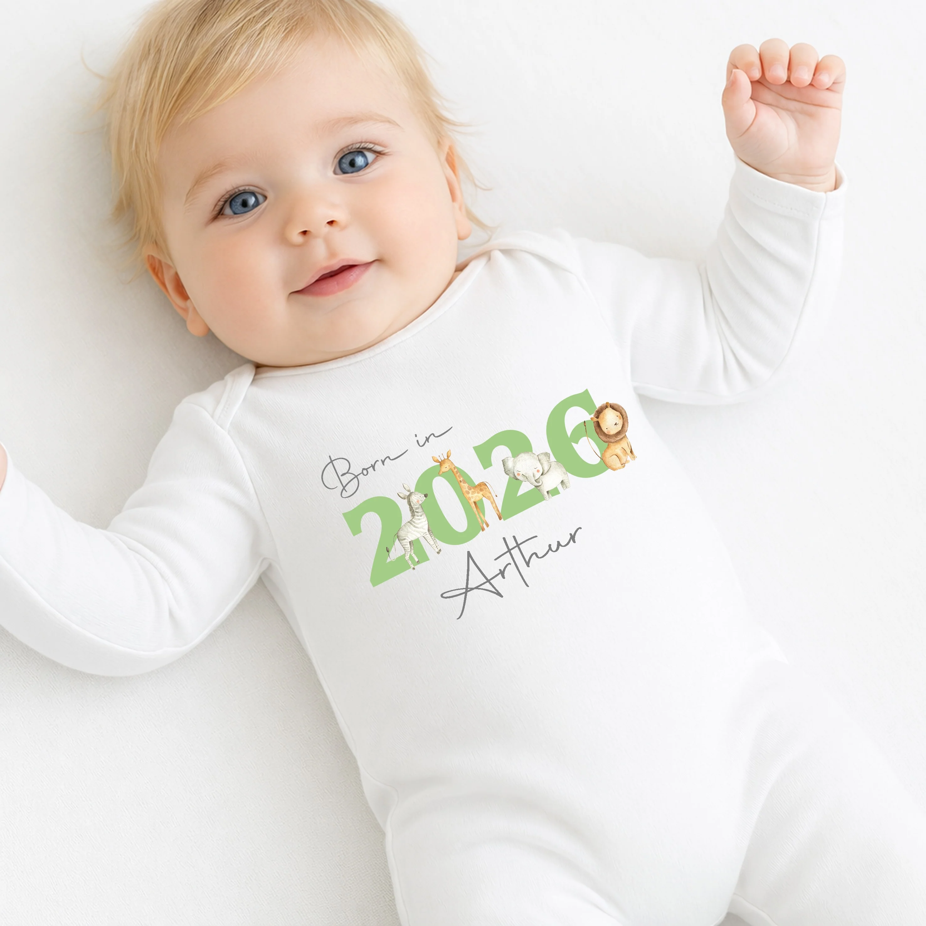 Personalised Born in 2026 Green Jungle Baby Grow, Vest or Bib - Image 3