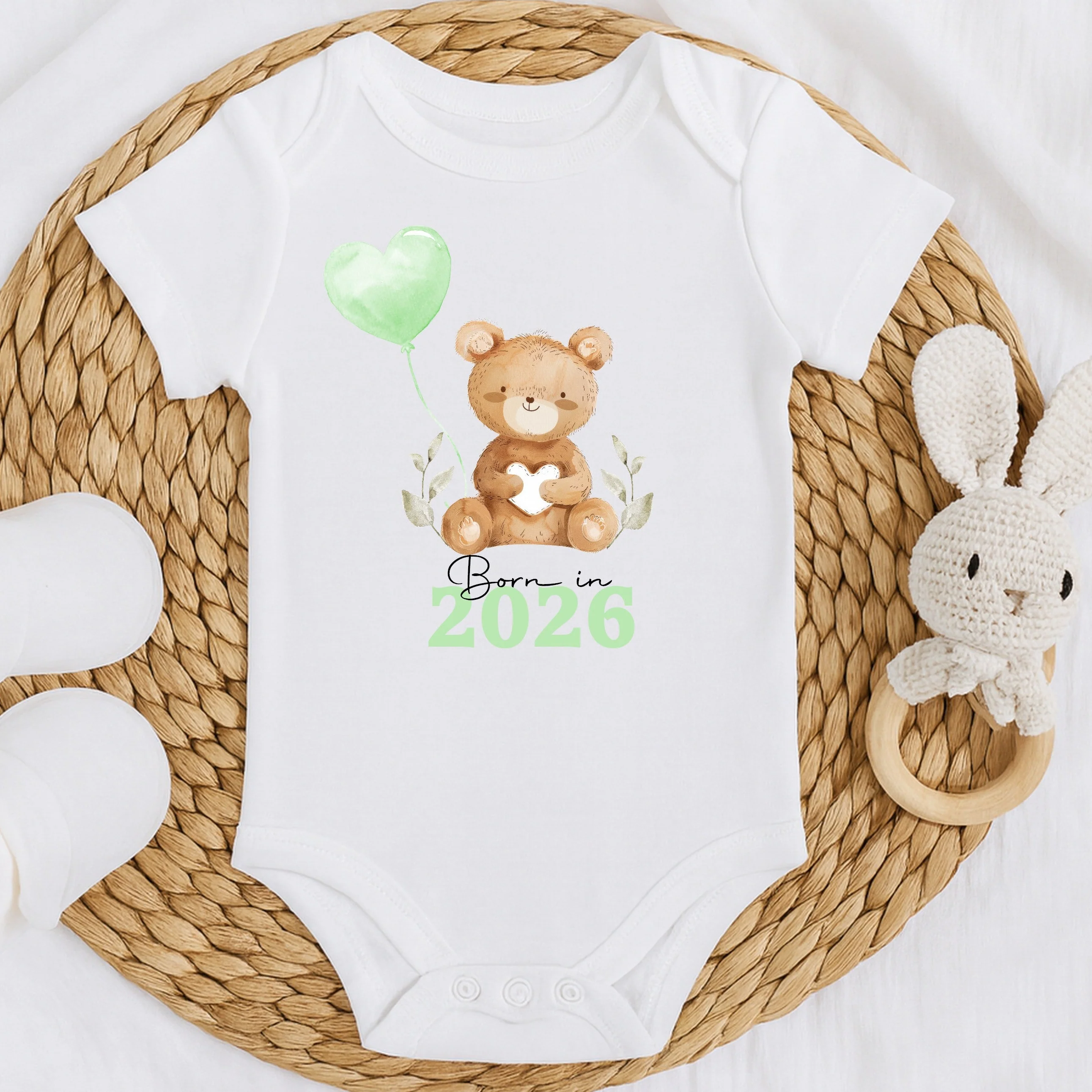 Personalised Born in 2026 Green Teddy Baby Grow, Vest or Bib