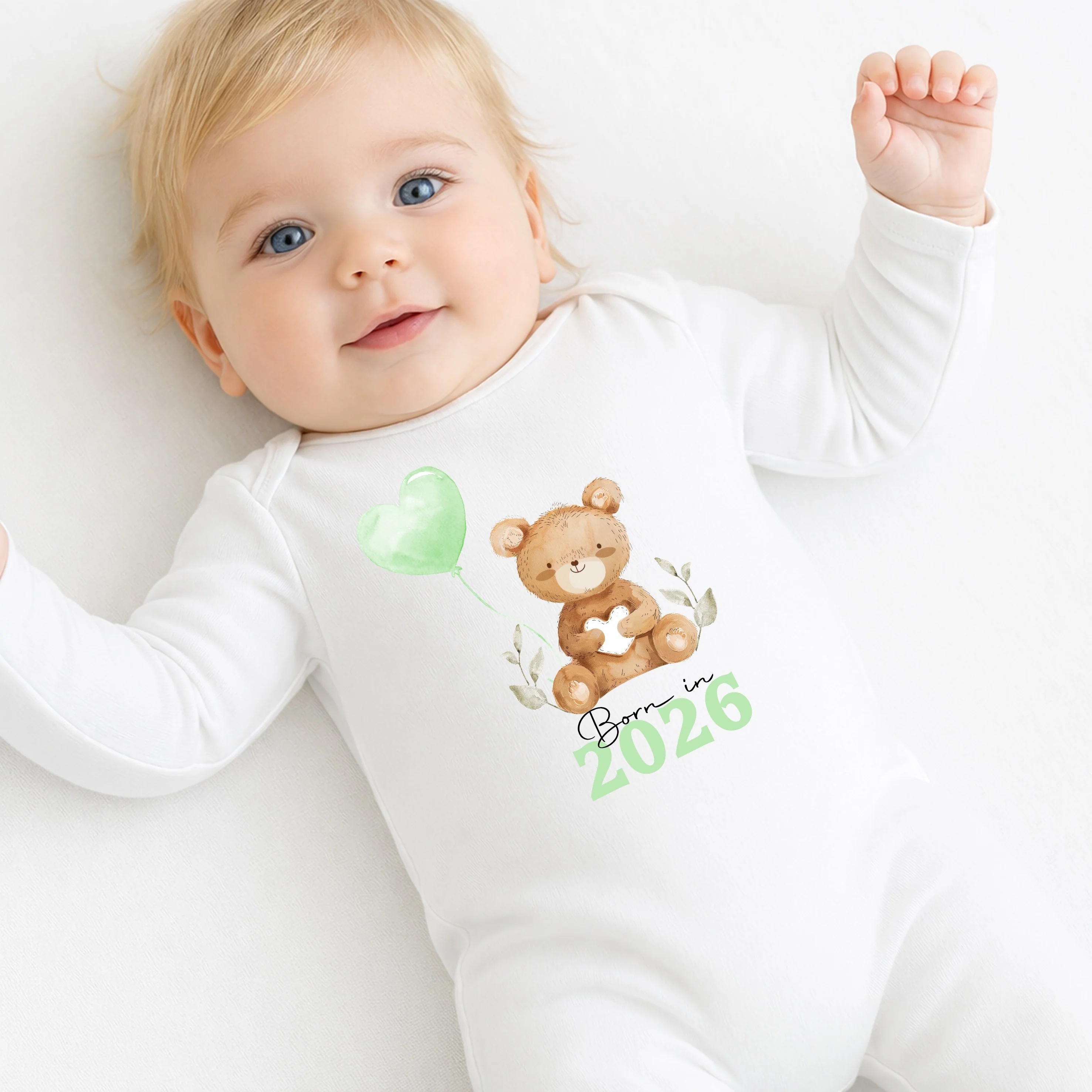 Personalised Born in 2026 Green Teddy Baby Grow, Vest or Bib - Image 2