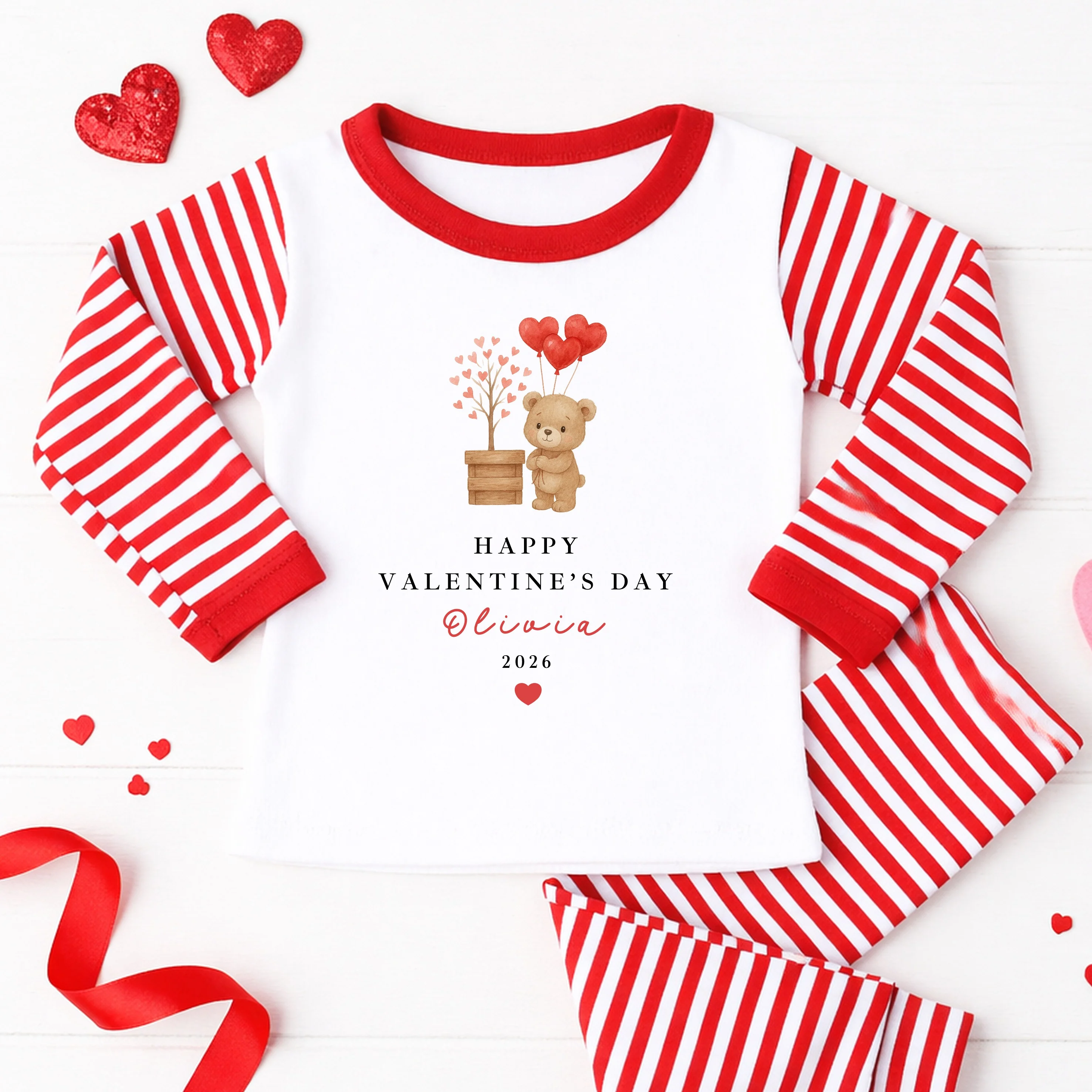 Personalised Brown Bear My First Valentine's Day Red Stripe Pyjamas - Image 4