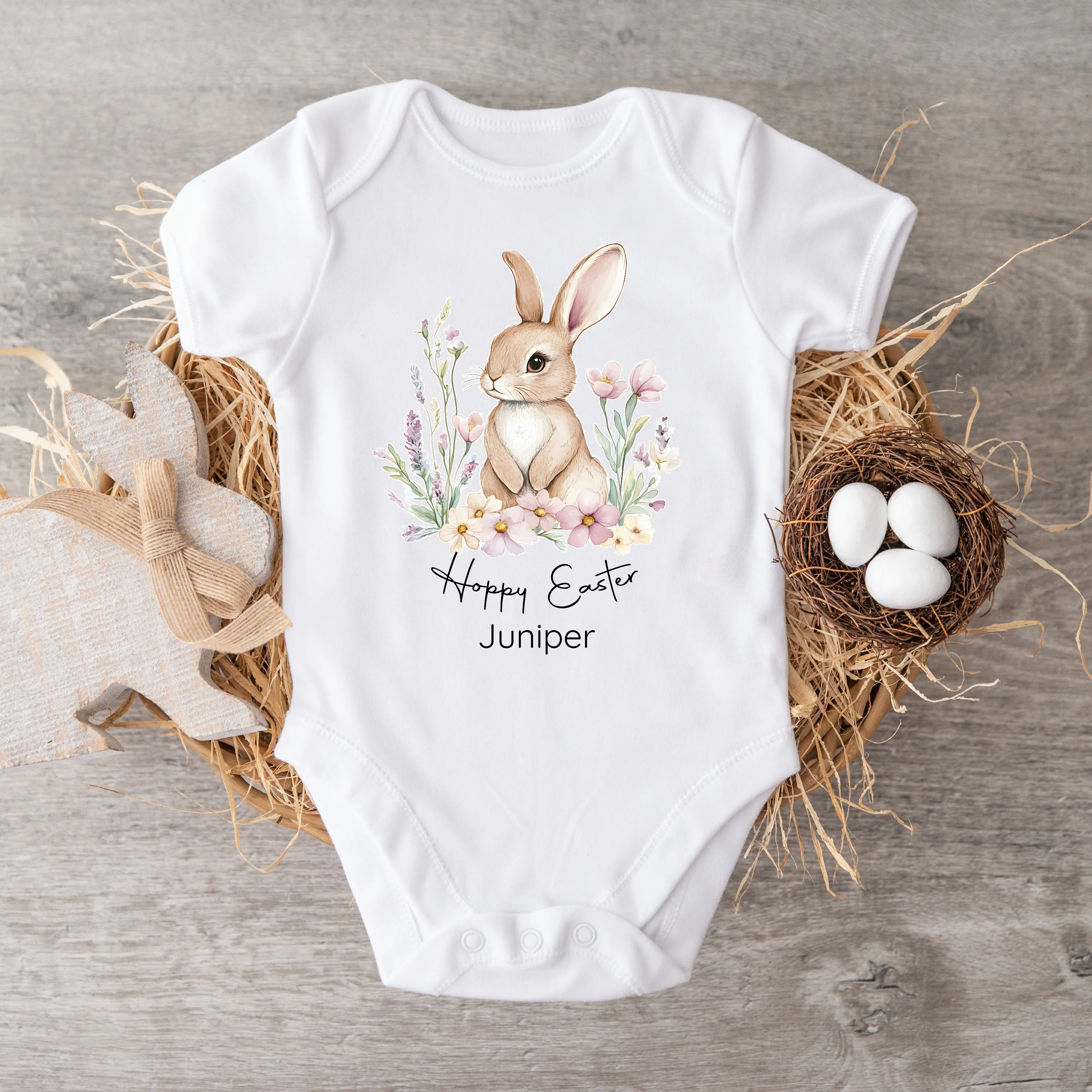 Personalised Brown Rabbit Wreath My First Easter Baby Grow, Vest or Bib - Image 2