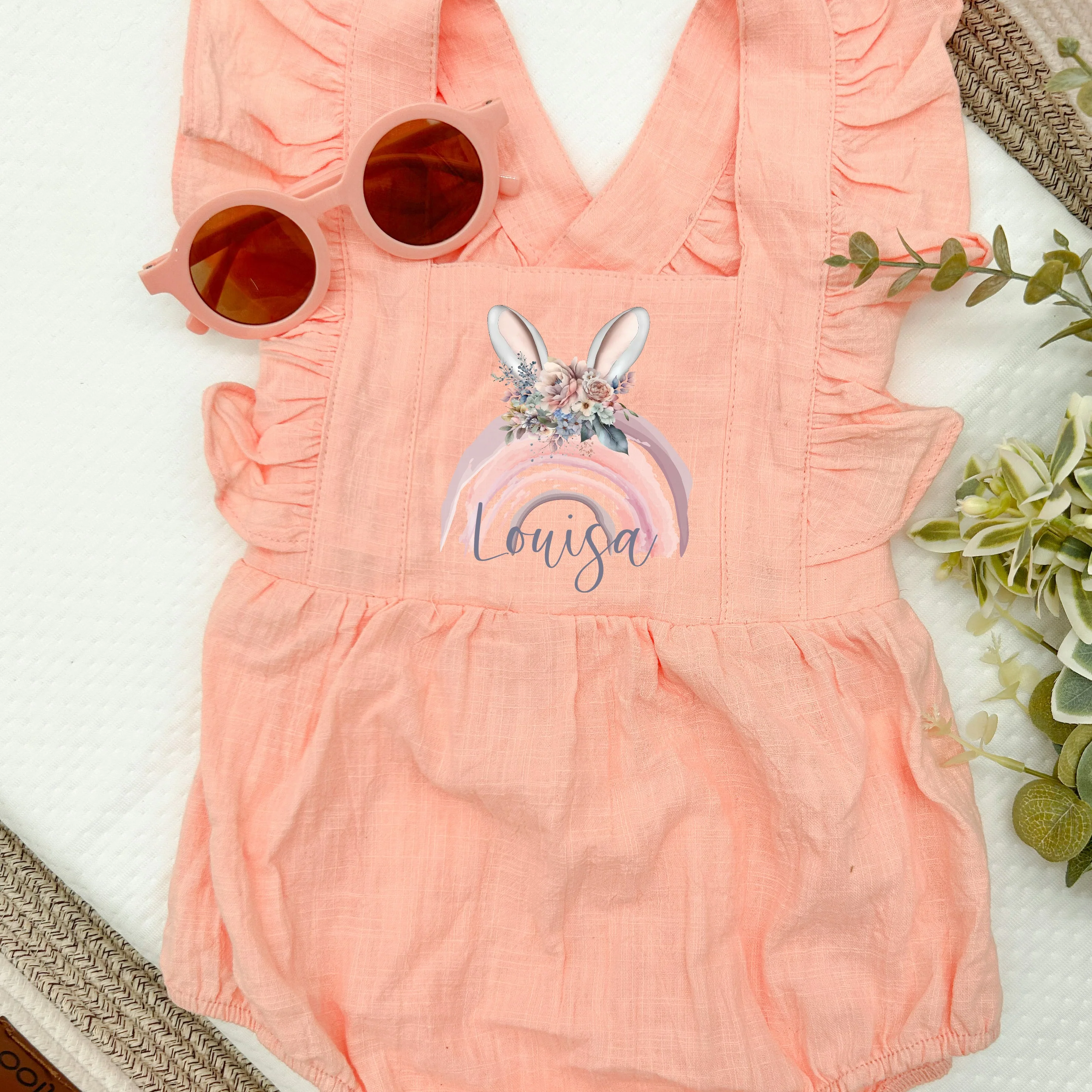 Personalised Bunny Rainbow Ruffle Romper - Image 2