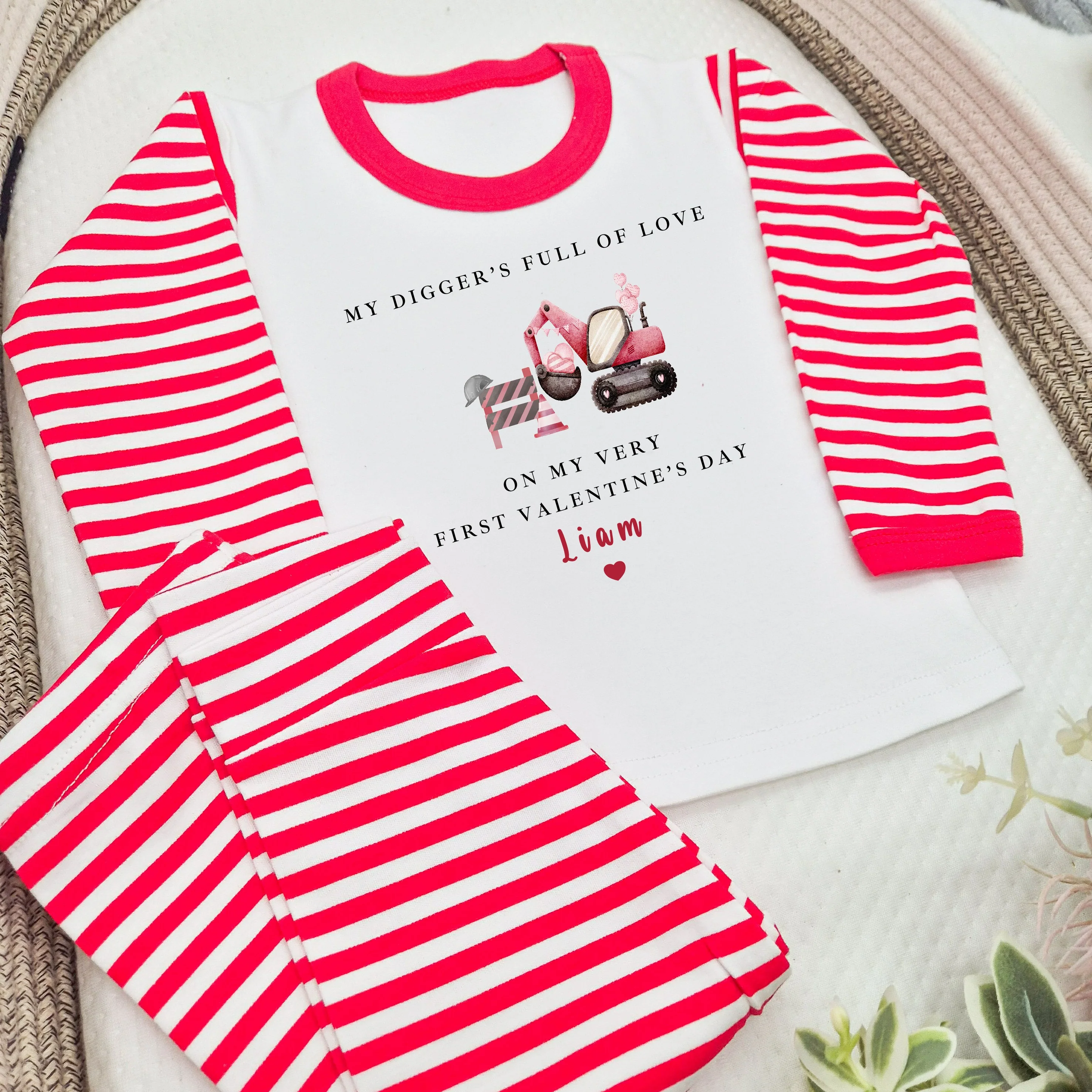 Personalised Digger First Valentine's Day Red Stripe Pyjamas - Image 3