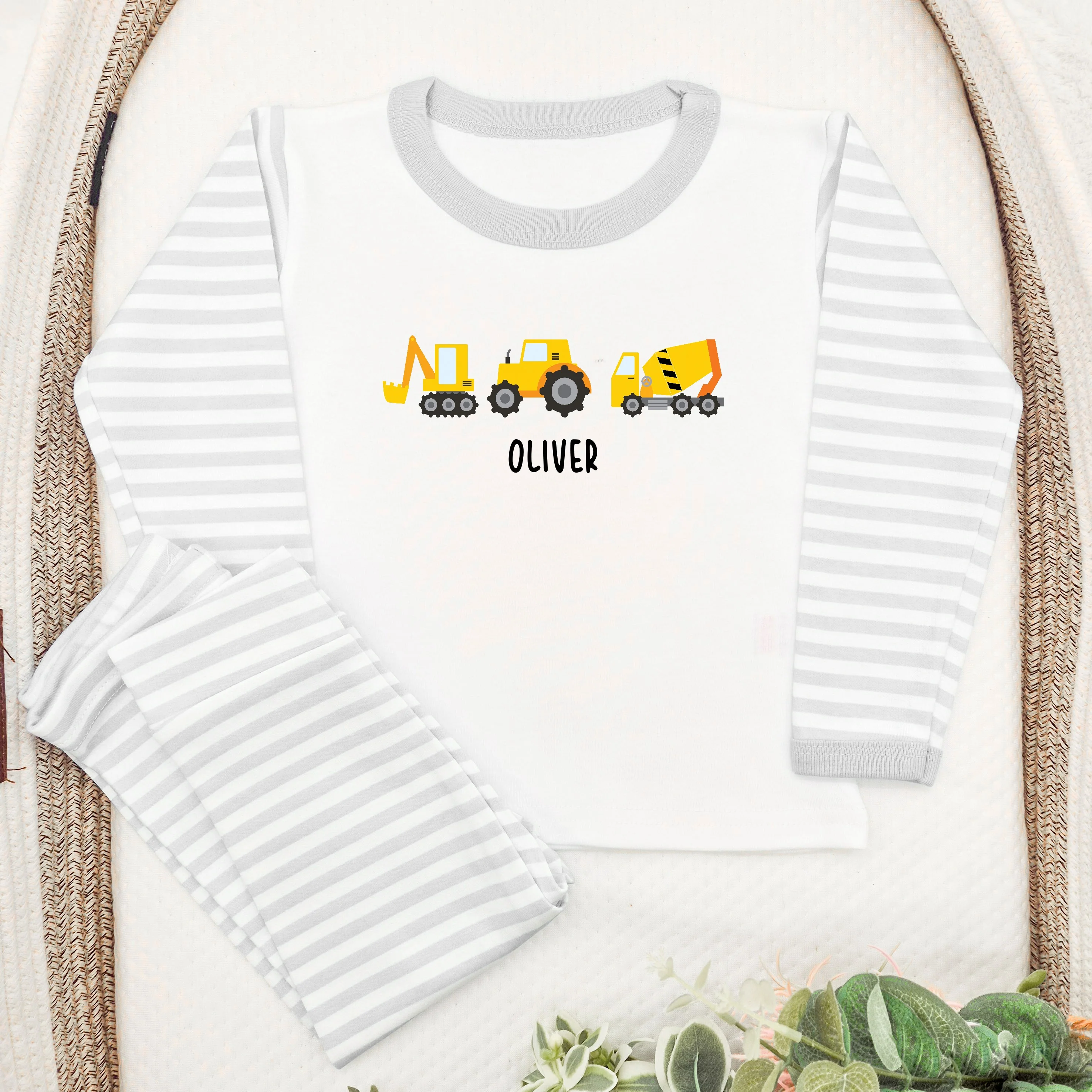 Personalised Digger Grey Stripe Pyjamas