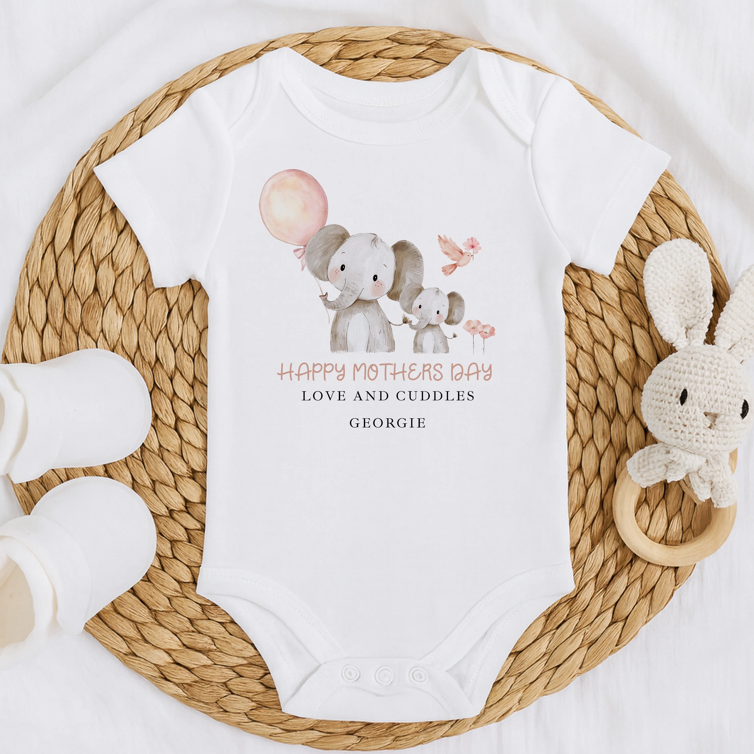 Personalised Elephant Balloon Happy Mother's Day Baby Grow, Vest or Bib - Image 5