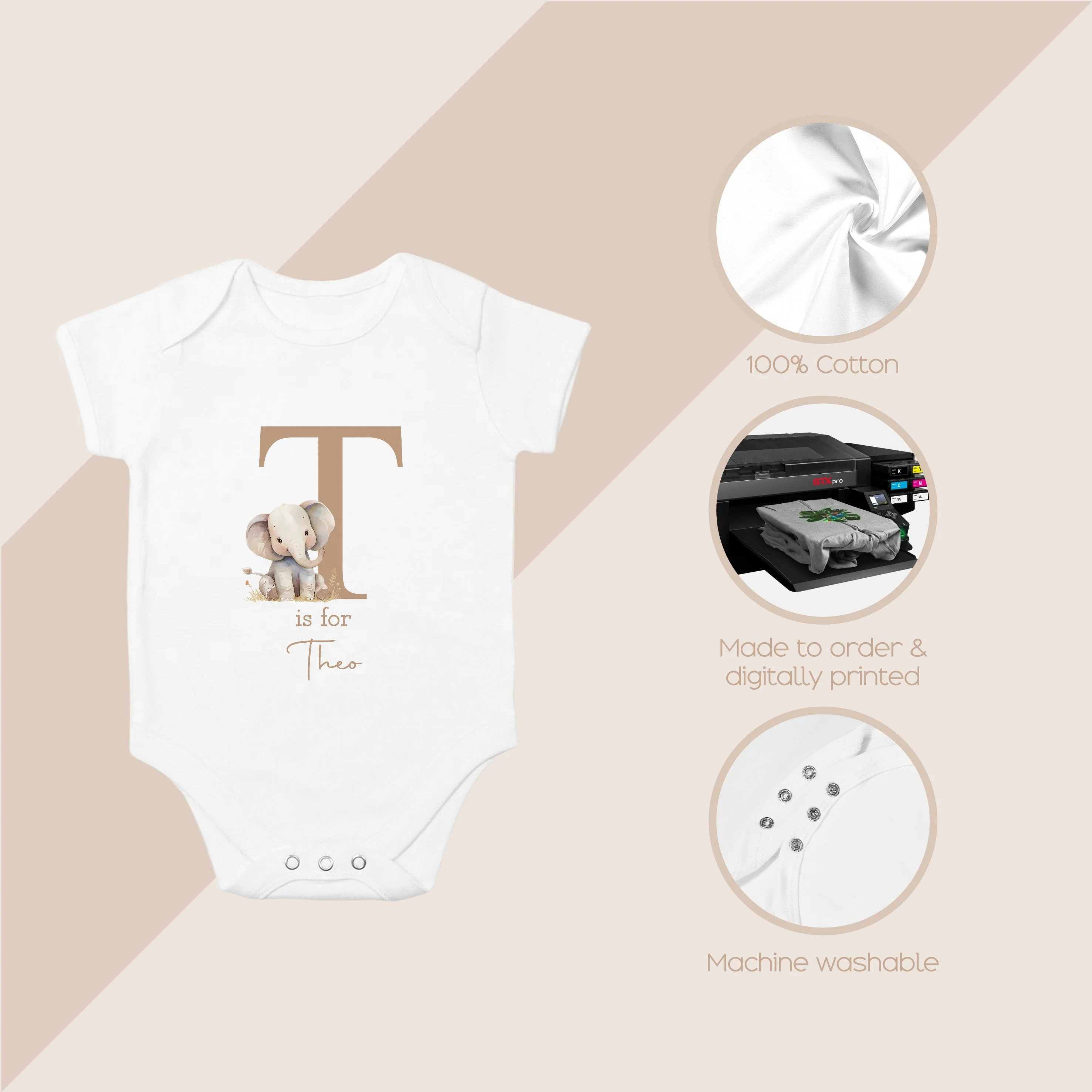 Personalised Beige Elephant Initial Babygrow/Vest/Bib - Image 4