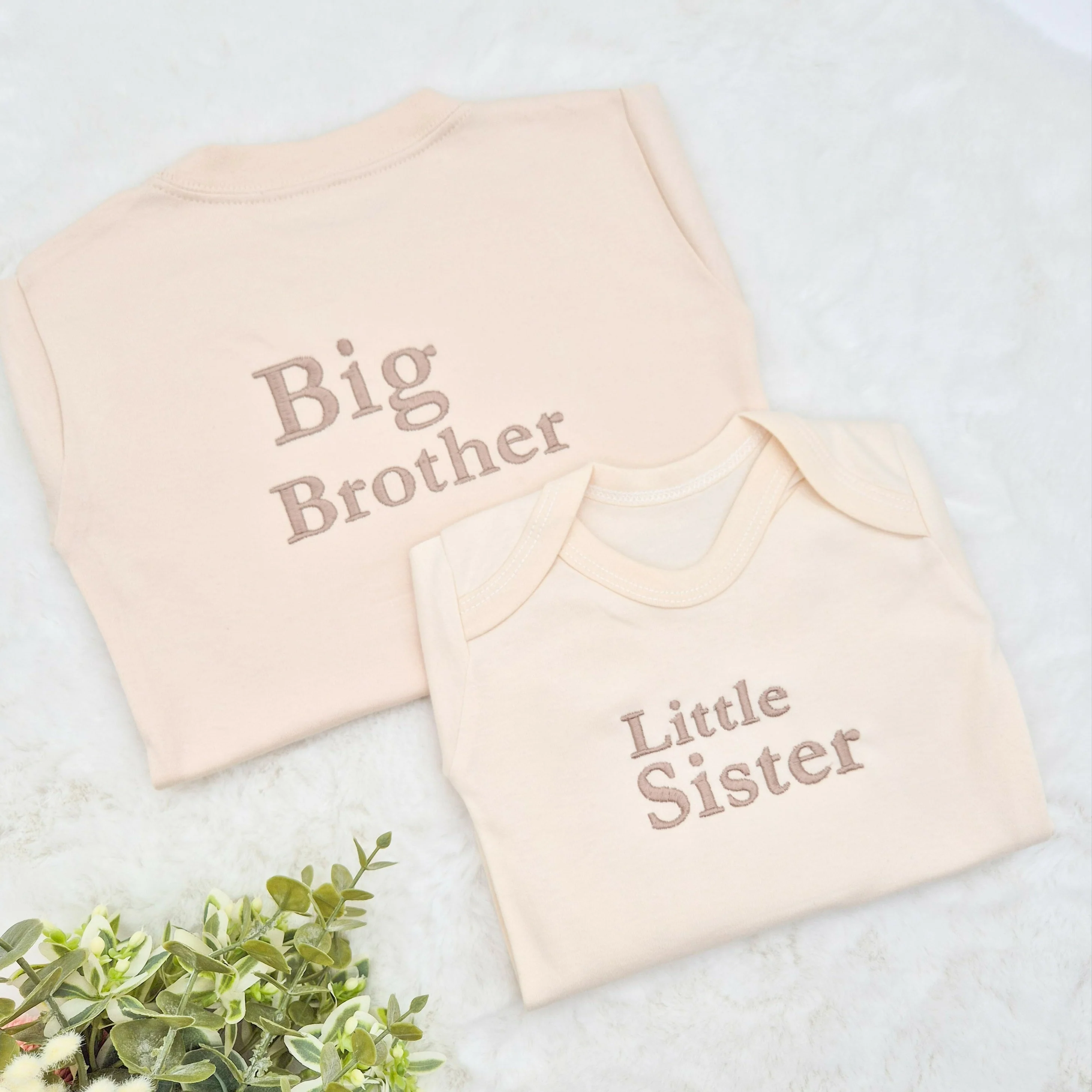 Personalised Embroidered Sibling Matching Beige Babygrow/T-shirt