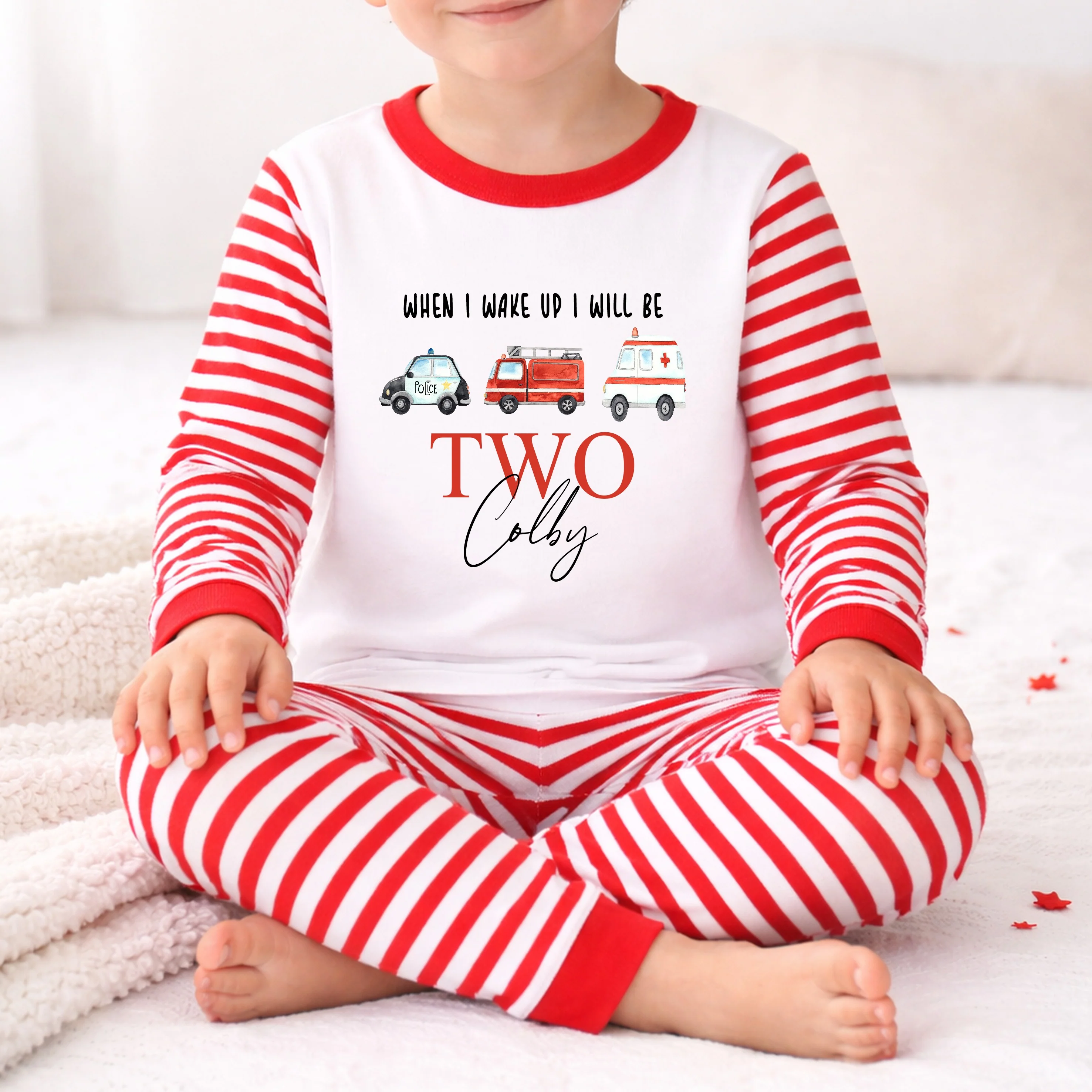 Personalised Fire Truck Red Stripe Boys Second Birthday Pyjamas - Image 2