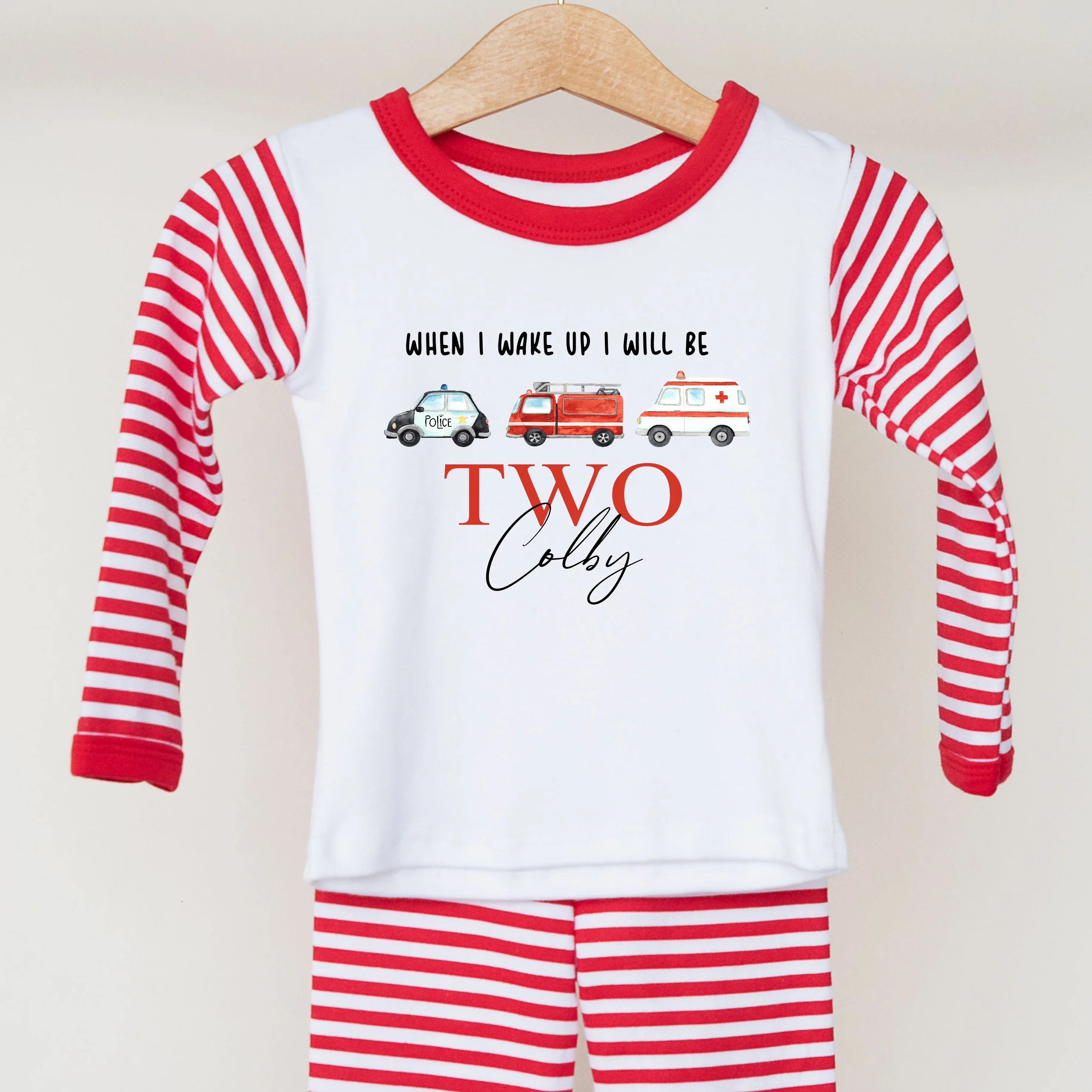 Personalised Fire Truck Red Stripe Boys Second Birthday Pyjamas - Image 3