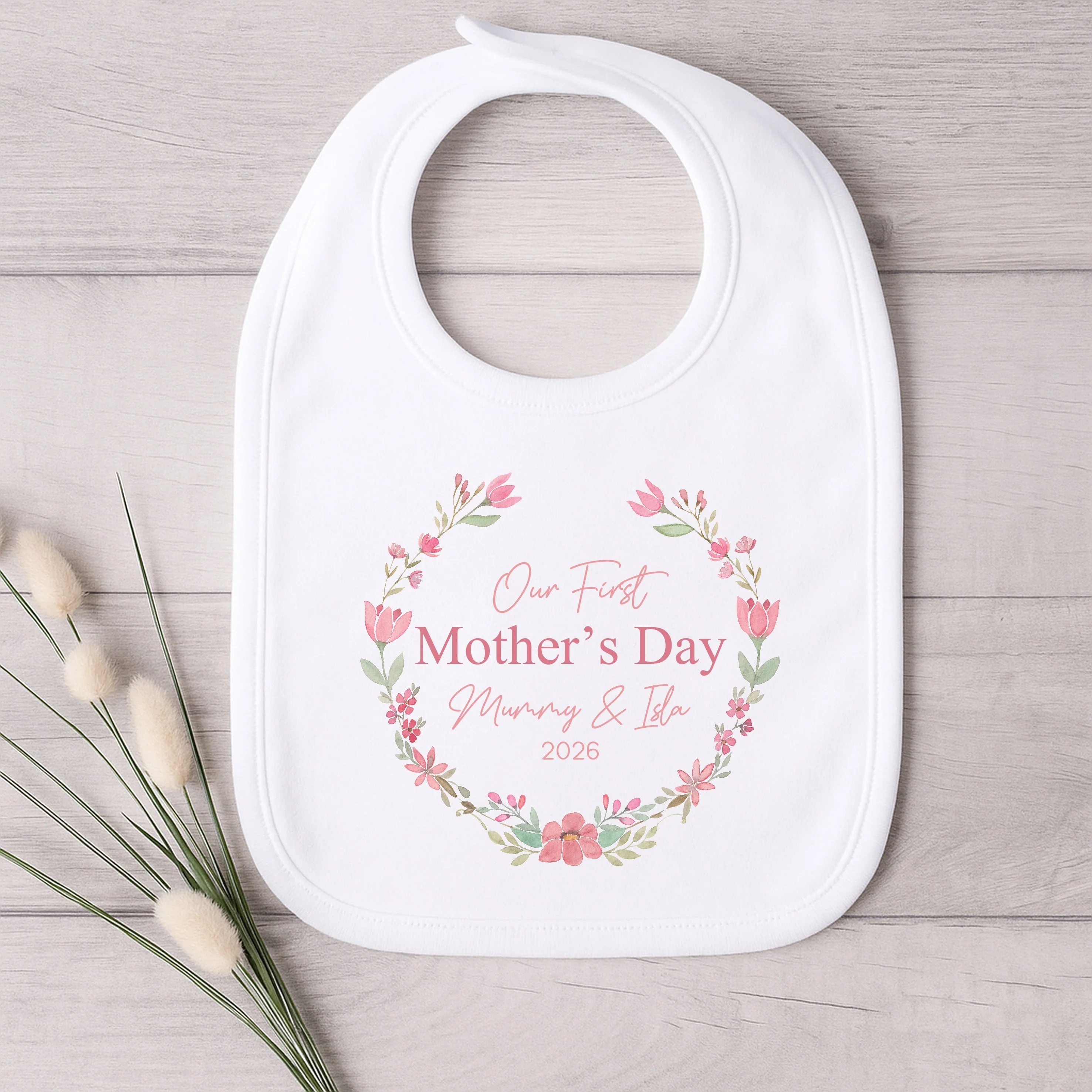 Personalised Pink Floral Wreath Our First Mother's Day Baby Grow or Vest - Image 2
