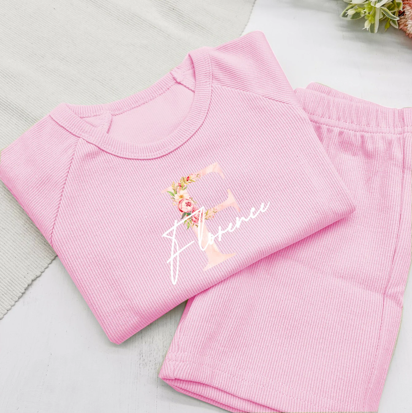 Personalised Floral Initial Ribbed Shorts Set