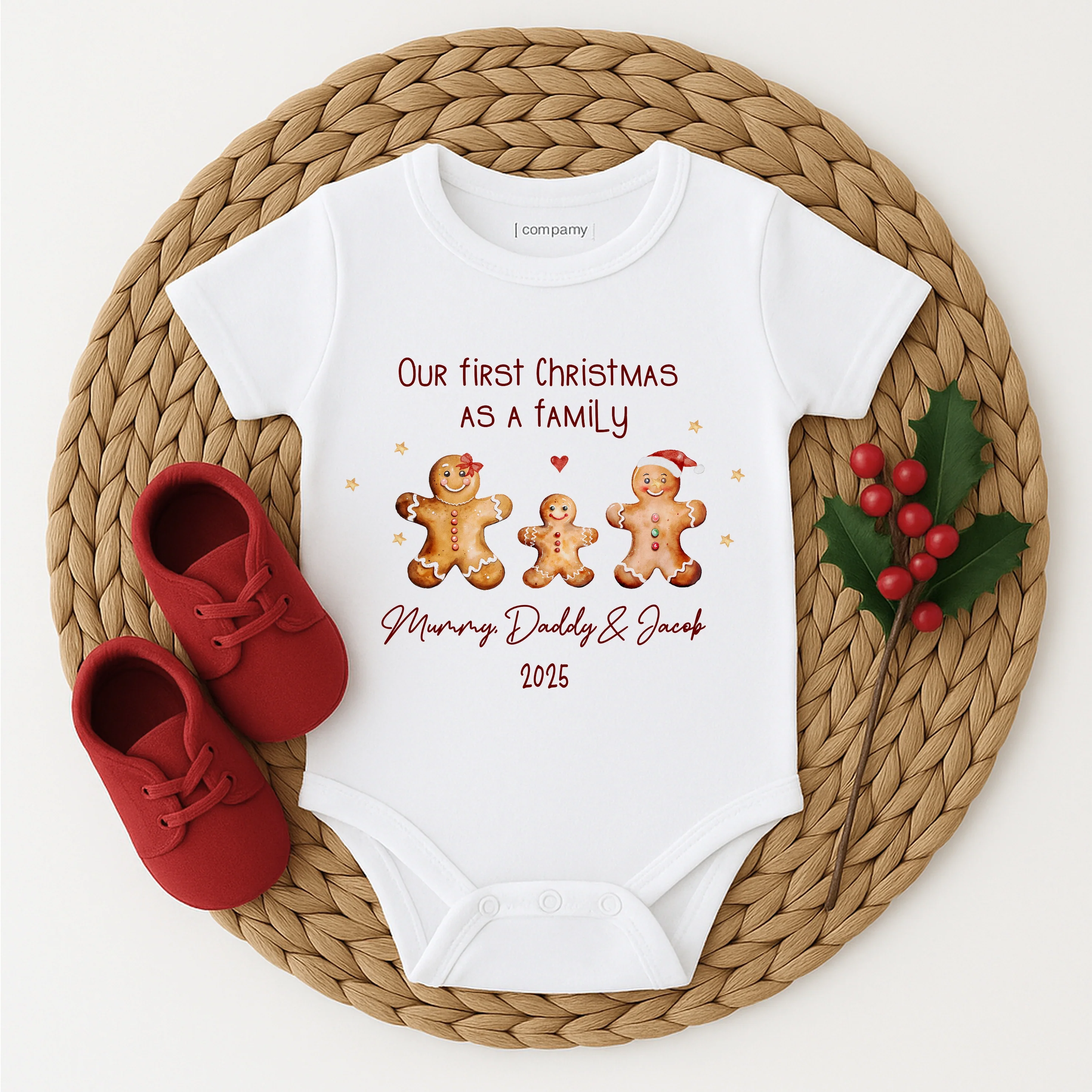 Personalised Gingerbread First Christmas As A Family Baby Grow/Vest/Bib - Image 2