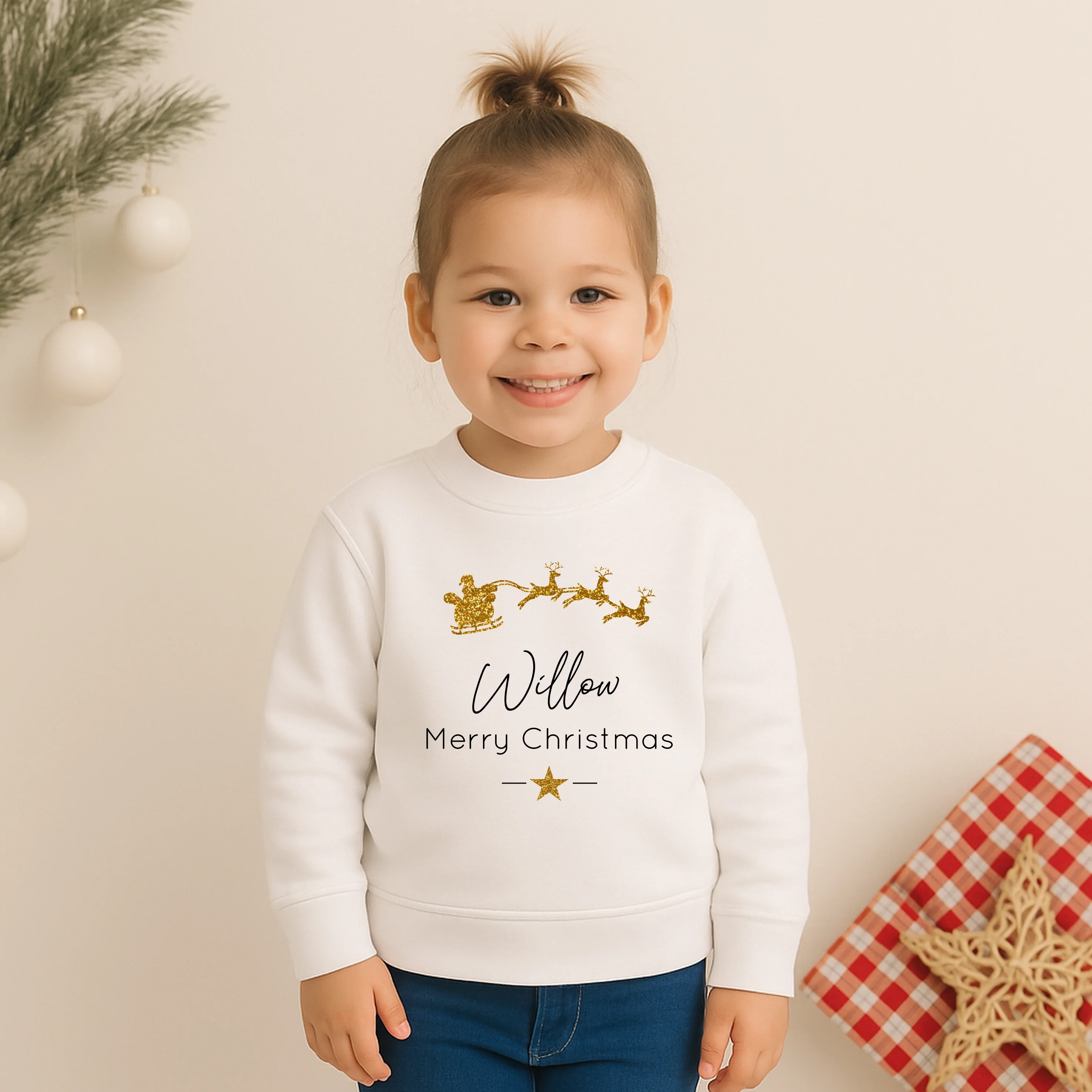 Personalised Gold Glitter Santa Sleigh Matching Sweatshirts - Image 3