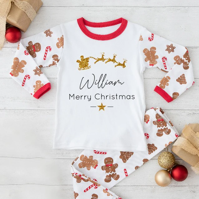 Personalised Gold Glitter Sleigh Sibling Matching Gingerbread Pyjamas/Babygrow - Image 2