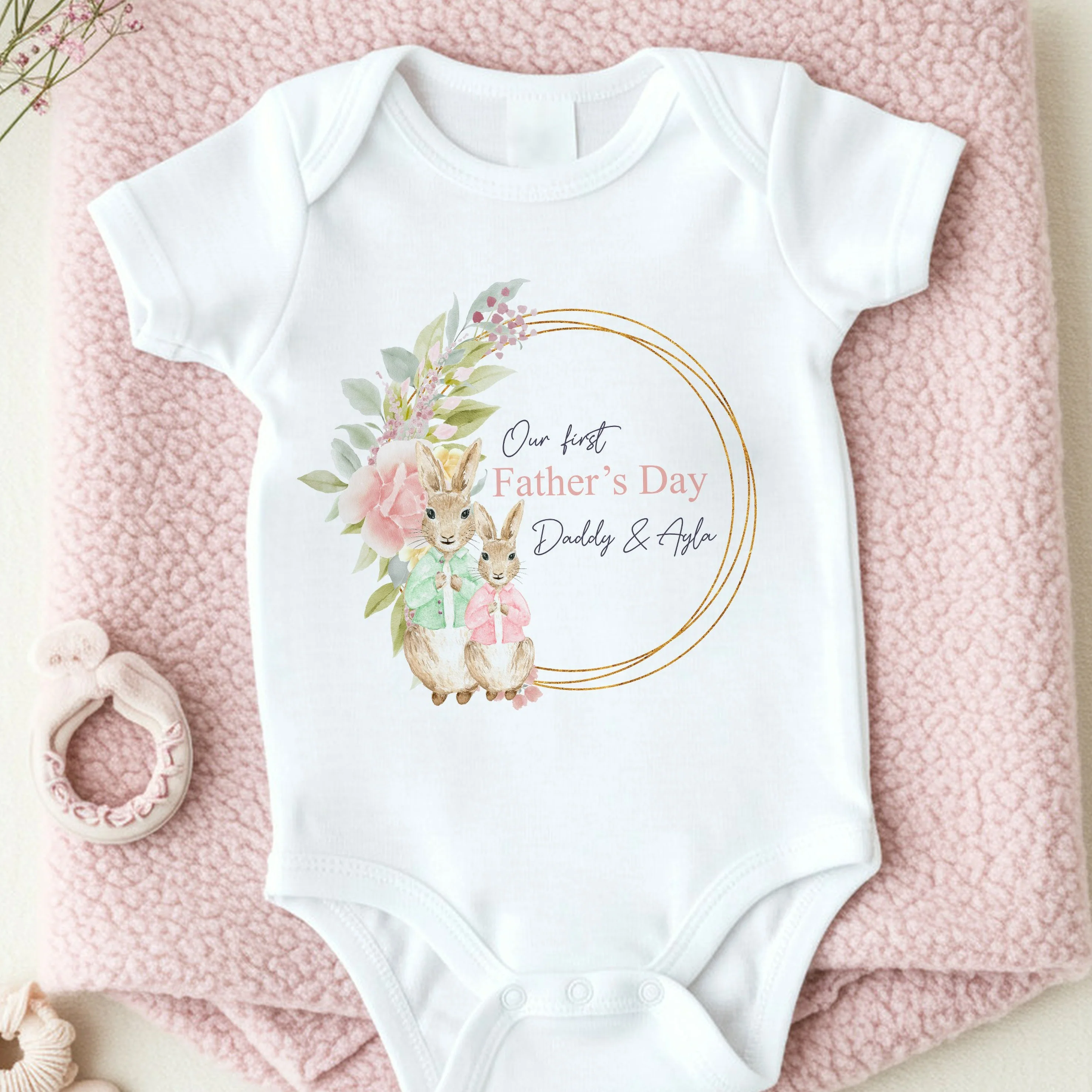 Personalised Green and Pink Rabbit Wreath First Father's Day Baby Grow or Vest - Image 3