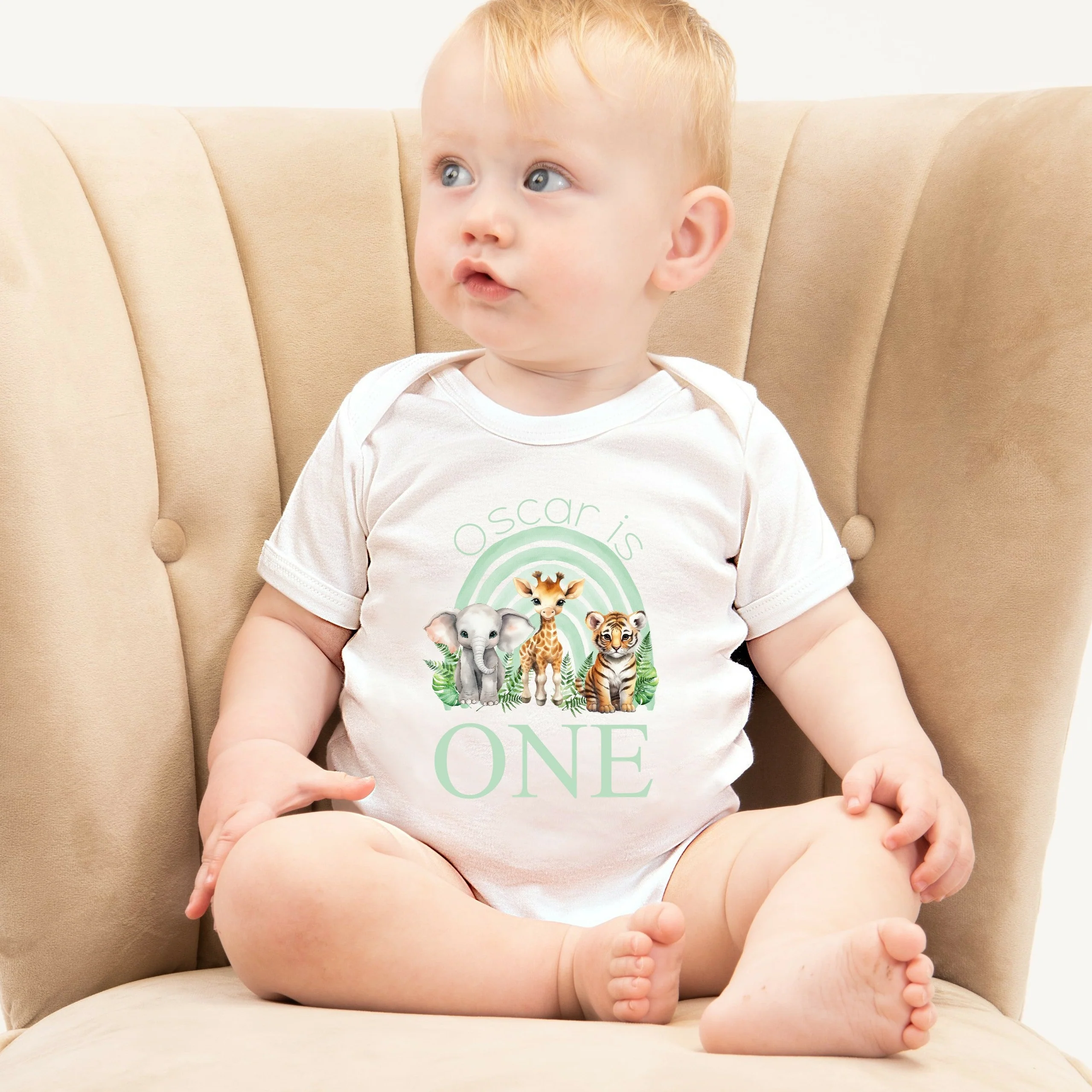 Personalised Green Jungle Rainbow First Birthday Vest - Image 2