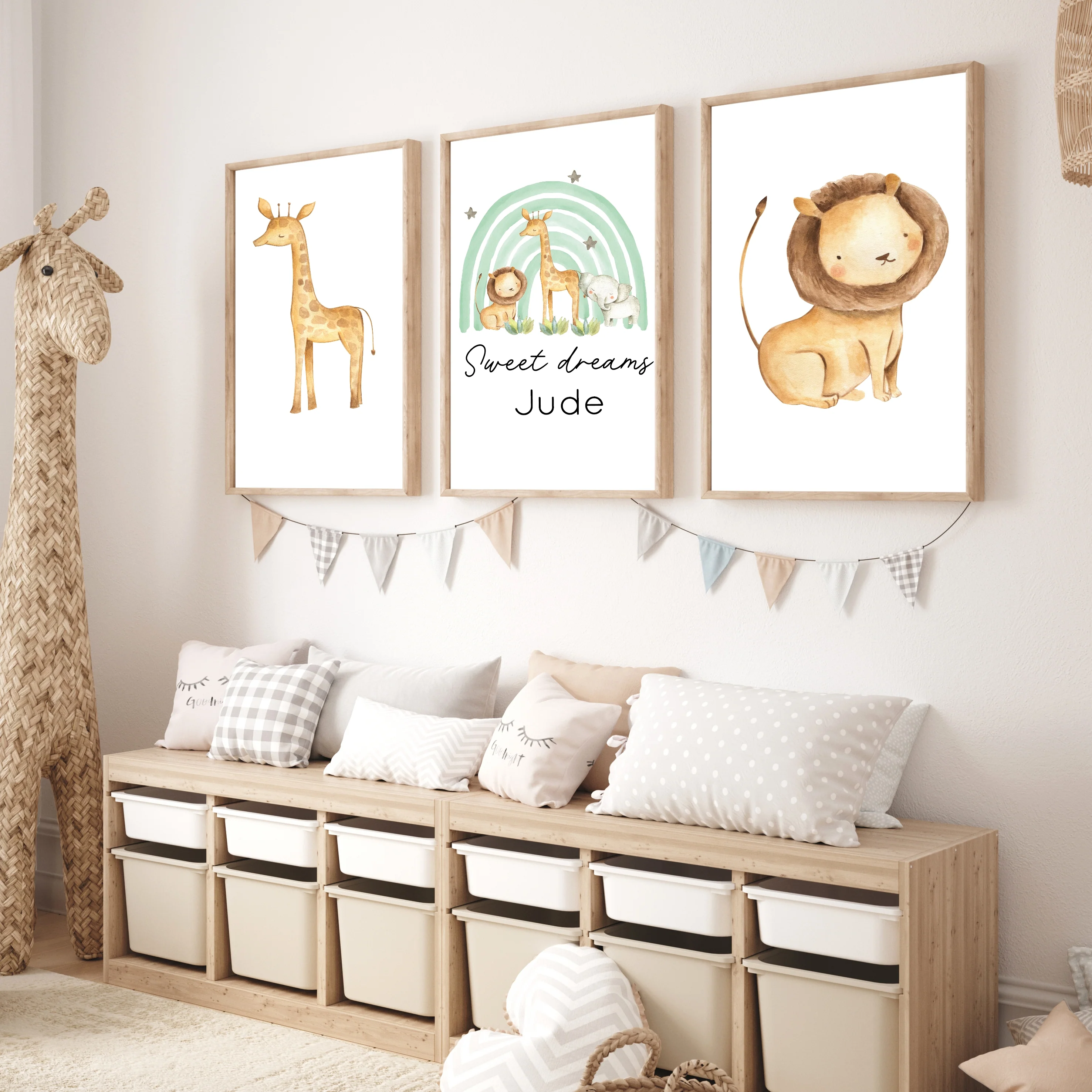 Personalised Green Jungle Rainbow Set of 3 Wall Art
