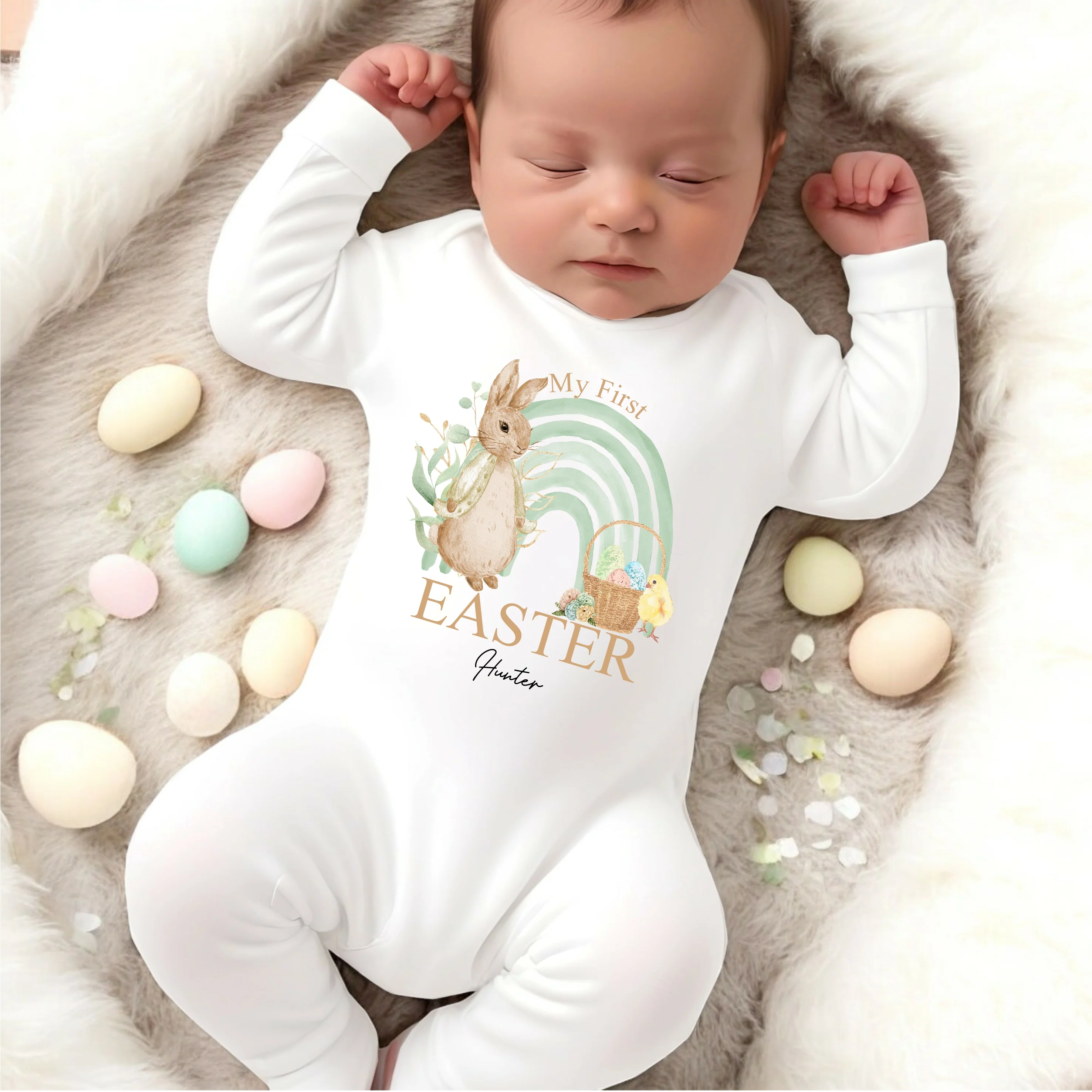 Personalised Green Rabbit Rainbow My First Easter Baby Grow, Vest or Bib - Image 3